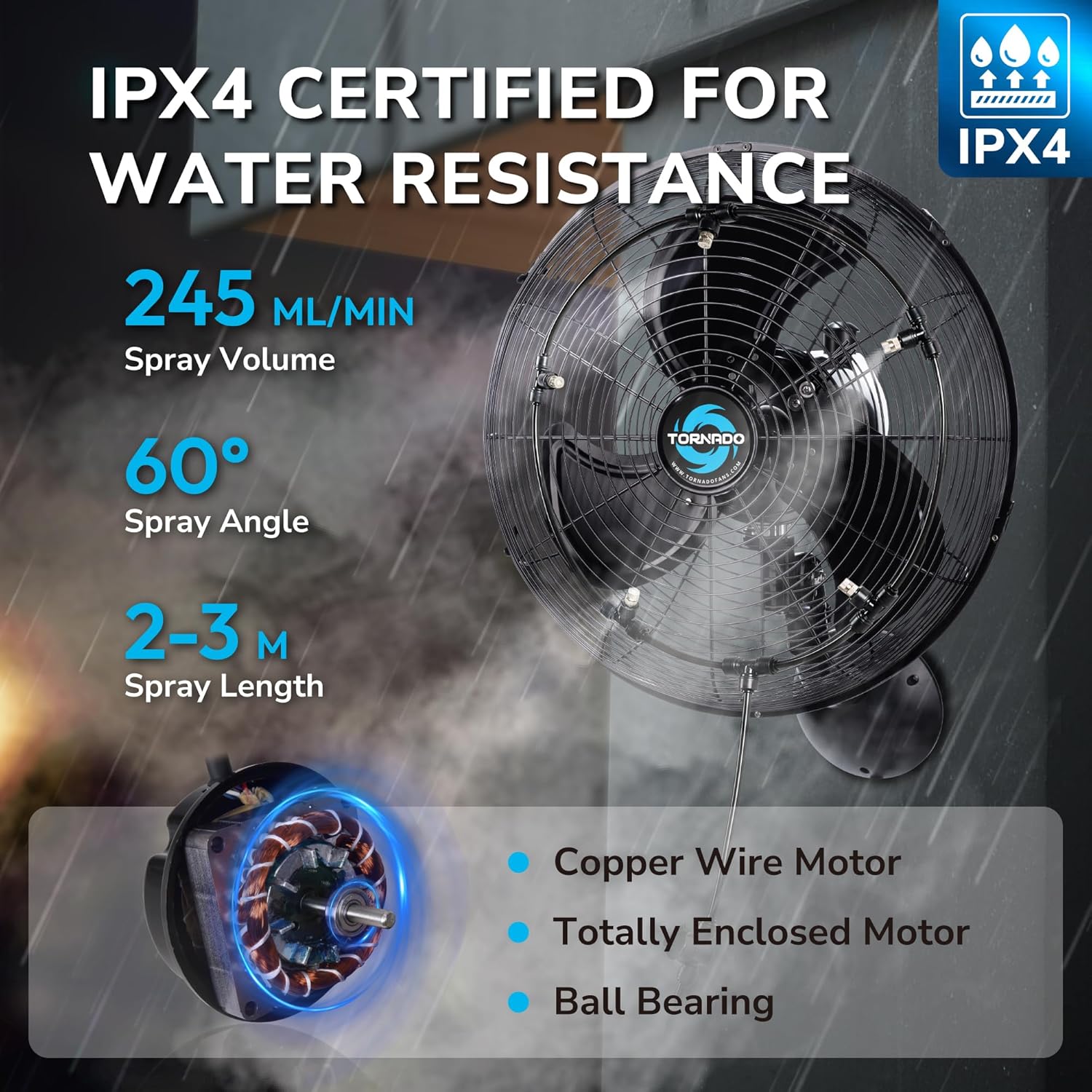 Tornado 16 Inch Outdoor Wall Mount Fan with Pre-Installed Misting Kit for Patio Barn Greenhouse, 3-Speed Ball Bearing Motor, 3300 CFM High Velocity, IPX4 Water-Resistant, 5 Brass Nozzles Misting