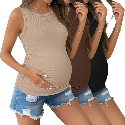 Ekouaer Maternity Tank Tops 3 Pack Womens Ribbed Pregnancy Shirts