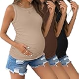Ekouaer Maternity Tank Tops 3 Pack Womens Ribbed Pregnancy Shirts Crew Neck Ruched Side Mama Clothes S-XXL