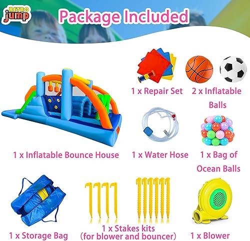 Miniatura 6 de RETRO JUMP Casa inflable de rebote 6 en 1 para saltar y deslizar para niños al aire libre, casa de rebote para niños con soplador, estacas y kit de