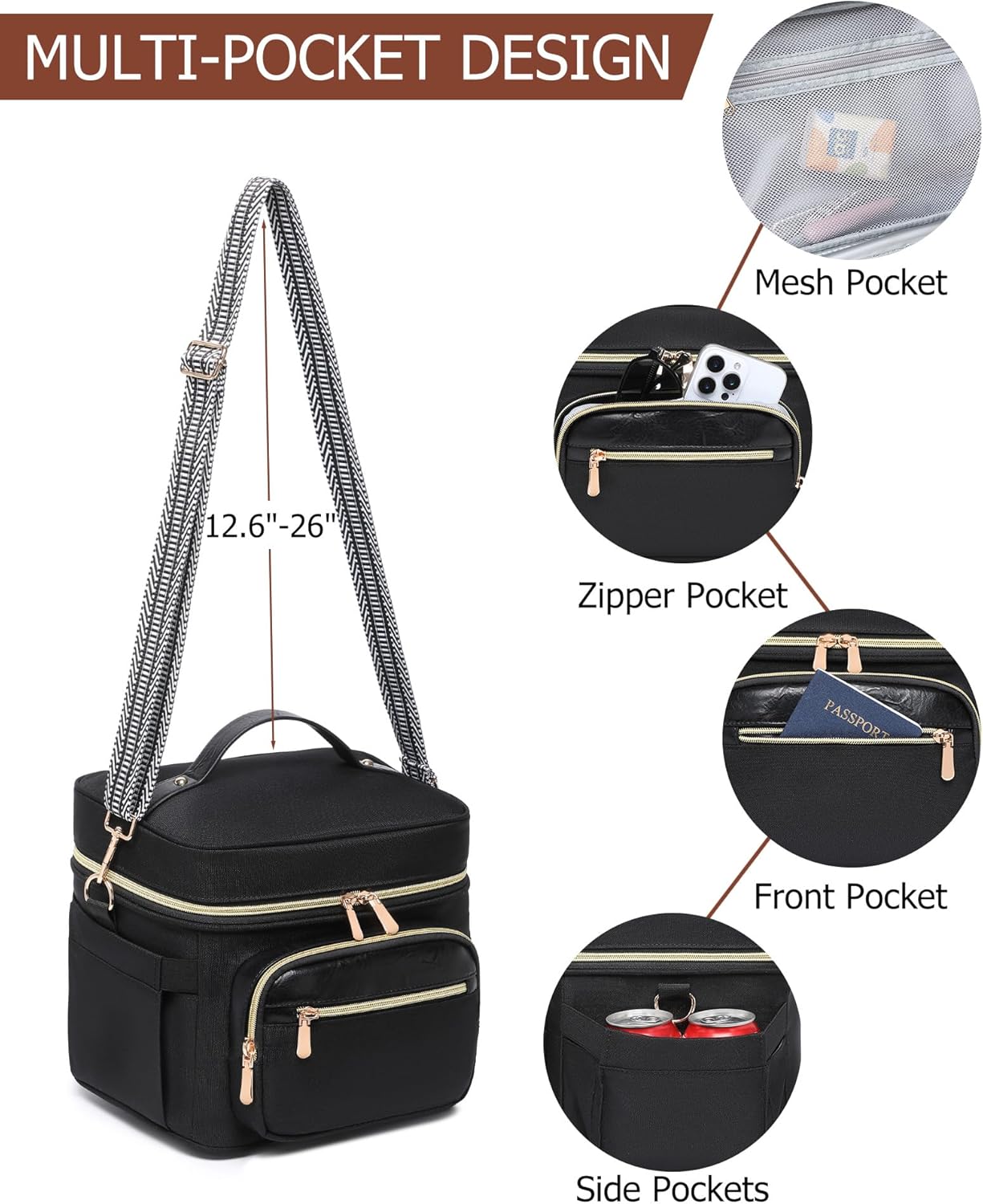 BAVERGE Insulated Lunch Bag for Women, Leakproof Cooler Lunchbox for Adult Work Large Lunch Tote Purse with Adjustable Shoulder Strap Cup Holder for Meal,Black
