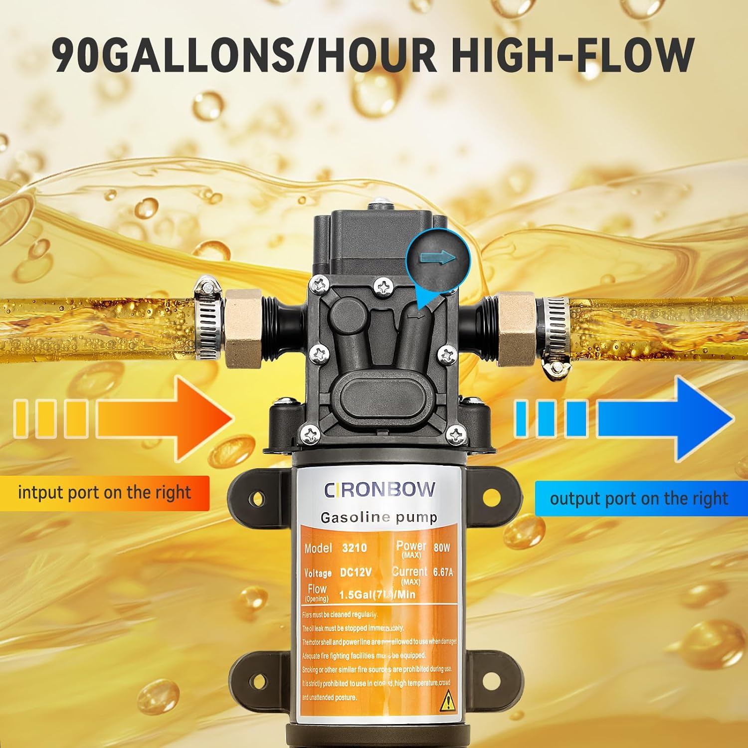 12V Electric Fuel Transfer Pump, Gasoline Transfer Pump Moves 90 Gallons of Gas or Diesel Per Hour. Kit Great for UTVs, Boats, Equipment, Cars, Diesel, Etc (80W DC Motor)
