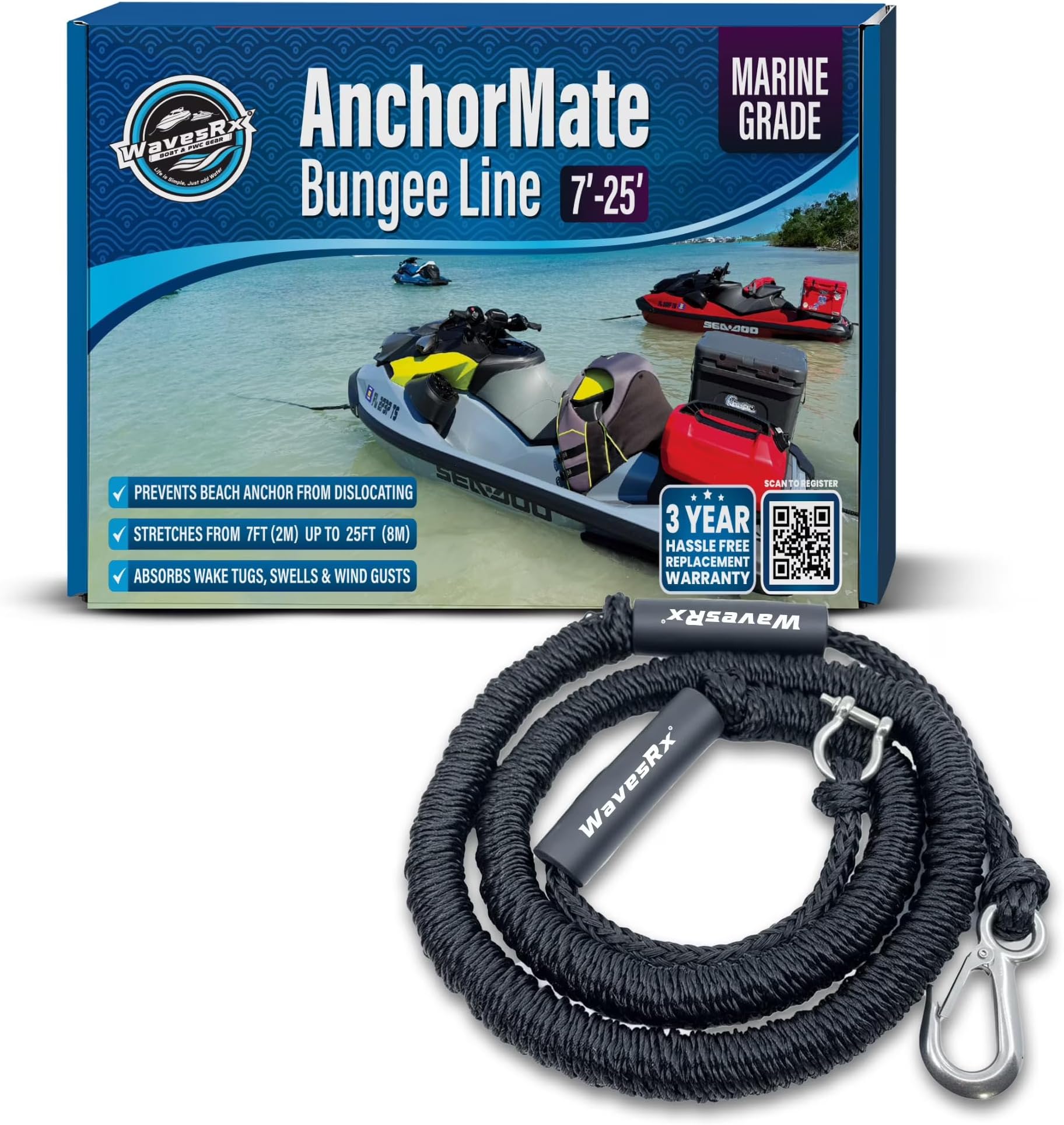 AnchorMate Bungee Line 7-25 ft | Anchoring Bungee Ropes for Boats, PWCs & Kayaks | Absorbs Shocks from Swells & Wind, Prevents Anchor Dislodging | Great for Mooring and Tethering Your Boat or Jet Ski