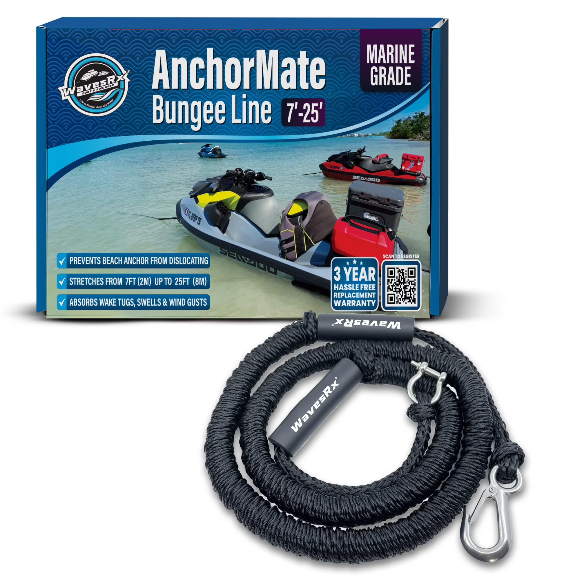 Wavesrx Black Anchormate Bungee Line 7-25 Ft | Anchoring Bungee Ropes For Boats, Pwcs & Kayaks | Absorbs Shocks From Swells & Wind, Prevents Anchor Dislodging | Great For Mooring And Tethering Your Boat Or Jet Ski