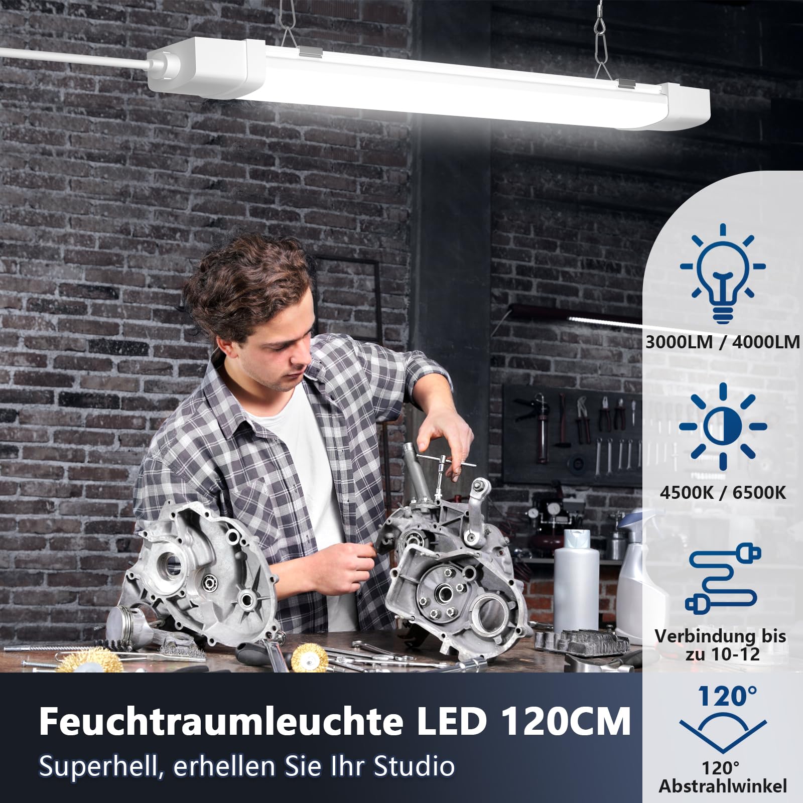 Feuchtraumleuchte LED, 40W 4000LM LED Röhre 120CM Neutralweiß 4000K, IP66 Wasserfest Werkstattlampe LEDs Deckenleuchte für Garage Keller Werkstatt Feuchtraum Bad Büro Warenhaus Keller