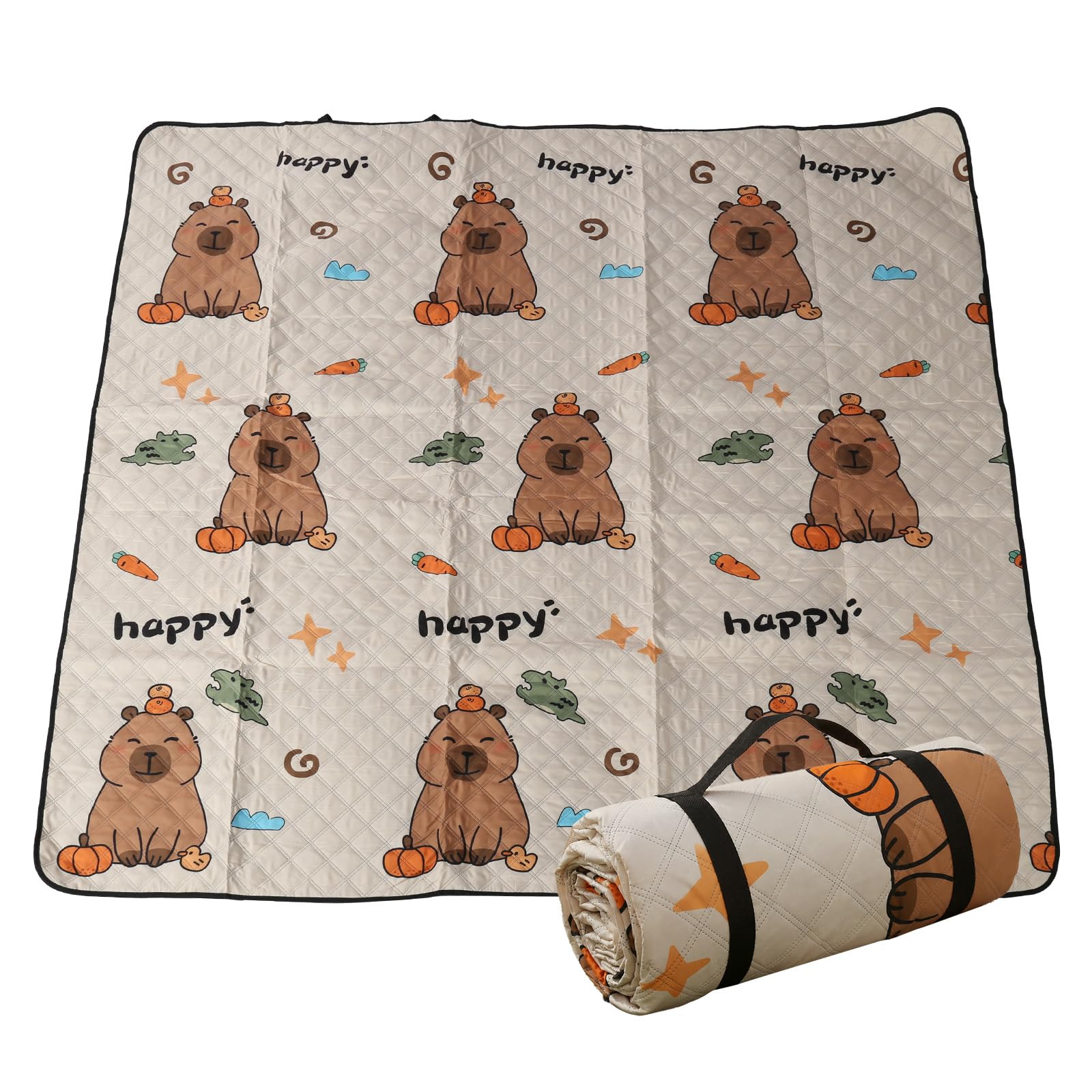 Yunora レジャーシート 厚手 ピクニックマット 両面防水 3層構造 大判 150*200cm 200*200cm 子供用 可愛い柄 レジャー 運動会 ピクニックマット 花見 遠足 たたみやすい 卷き取り式 収納可 (カピバラ, 150*200cm)