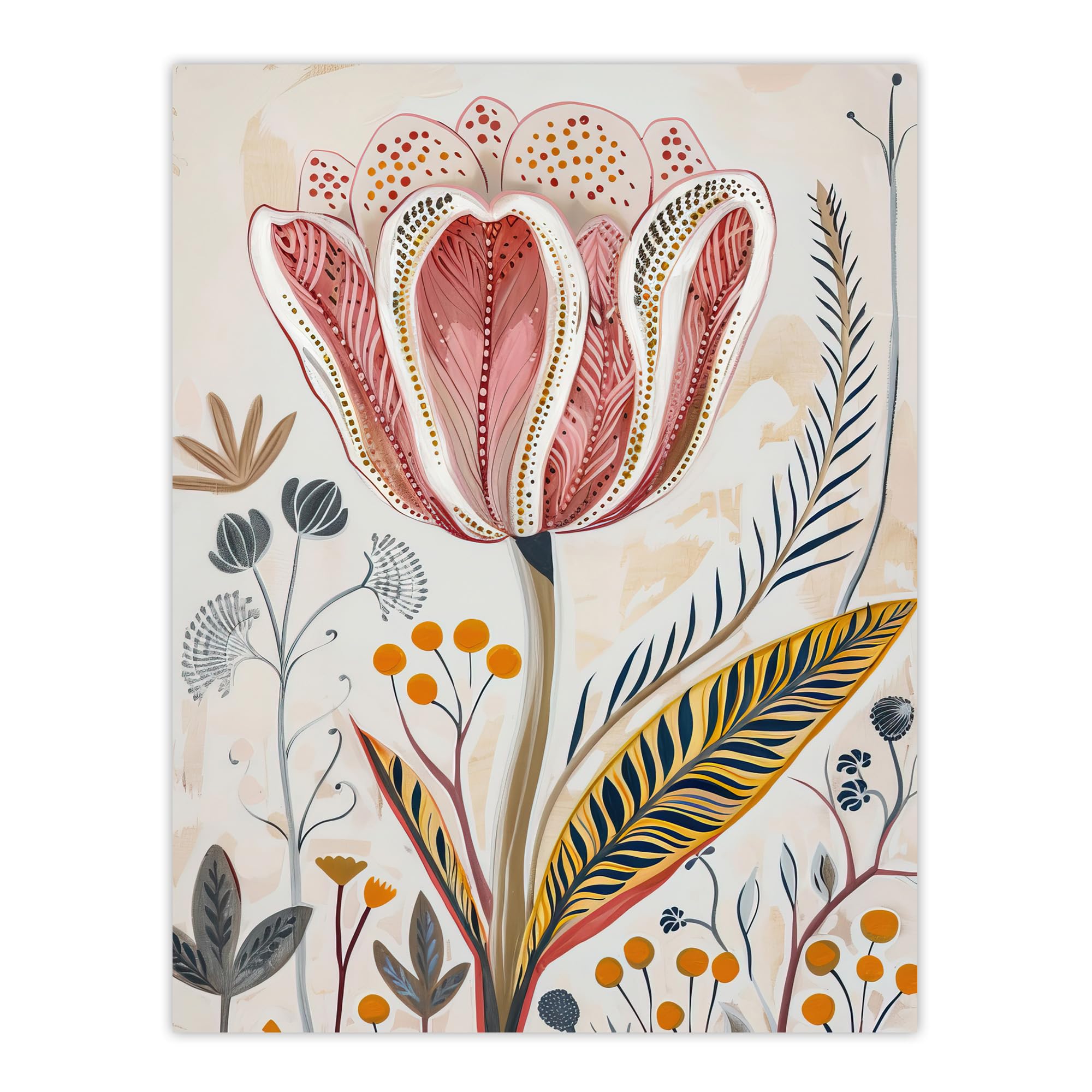 Artery8 Tulip Flower Orange Grey Pink Folk Art Floral Living Room Large Wall Art Poster Print Thick Paper 18X24 Inch