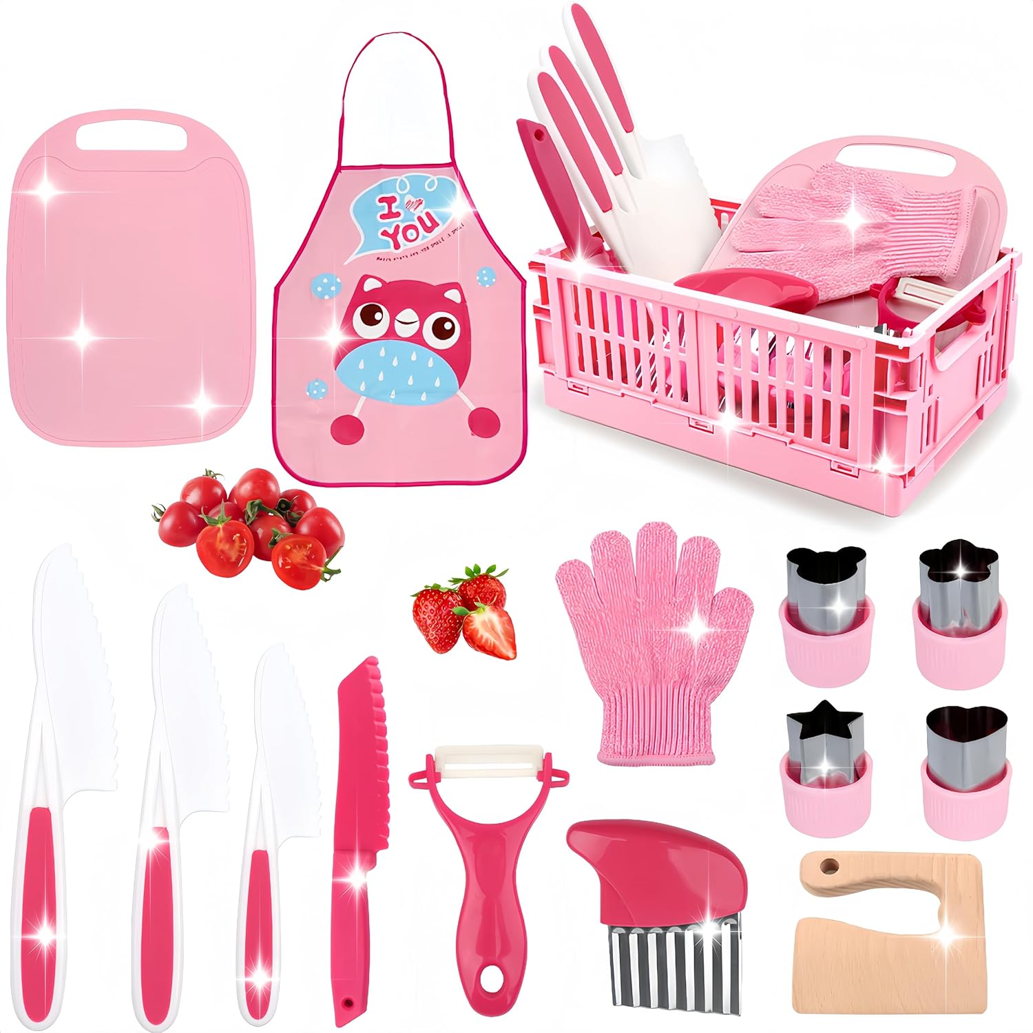 15 PCS Girls Knife Set Cooking Pink Sets with Basket & Apron for Kids Real Cooking, Kid Kitchen Accessories, Toddler Kitchen Tools, Montessori Toys for 3 4 5 6 7 8 9 10 Year Old Girls Birthday Gifts