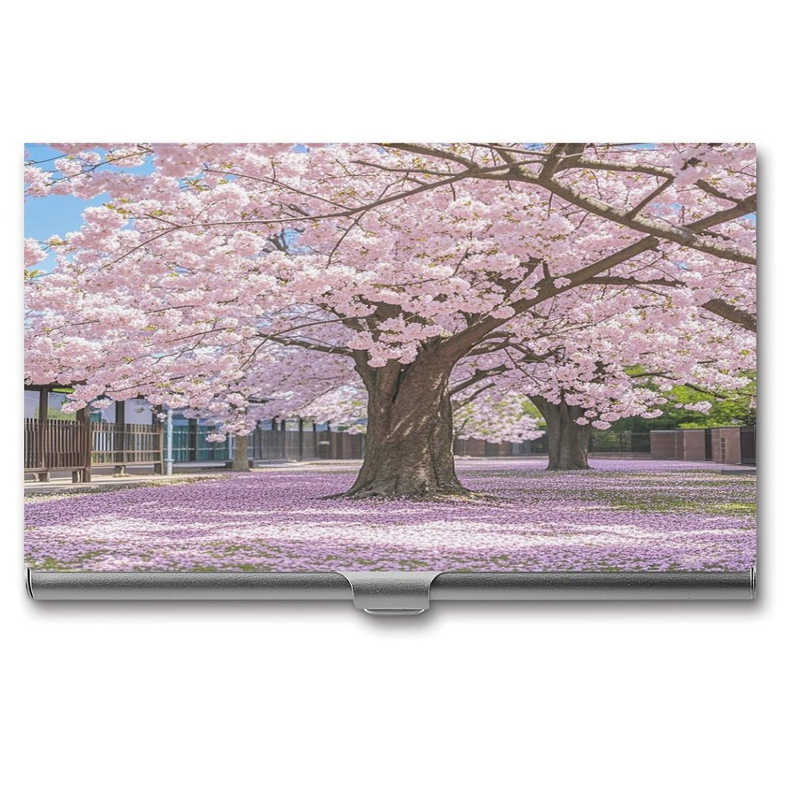 FekiLoot Cherry Blossom Business Card Holder for Men Women Metal Slim Organizer Business Card Carrier Wallet Name Cards Holder Retro Slim Pocket Purse Small Portable Card Case