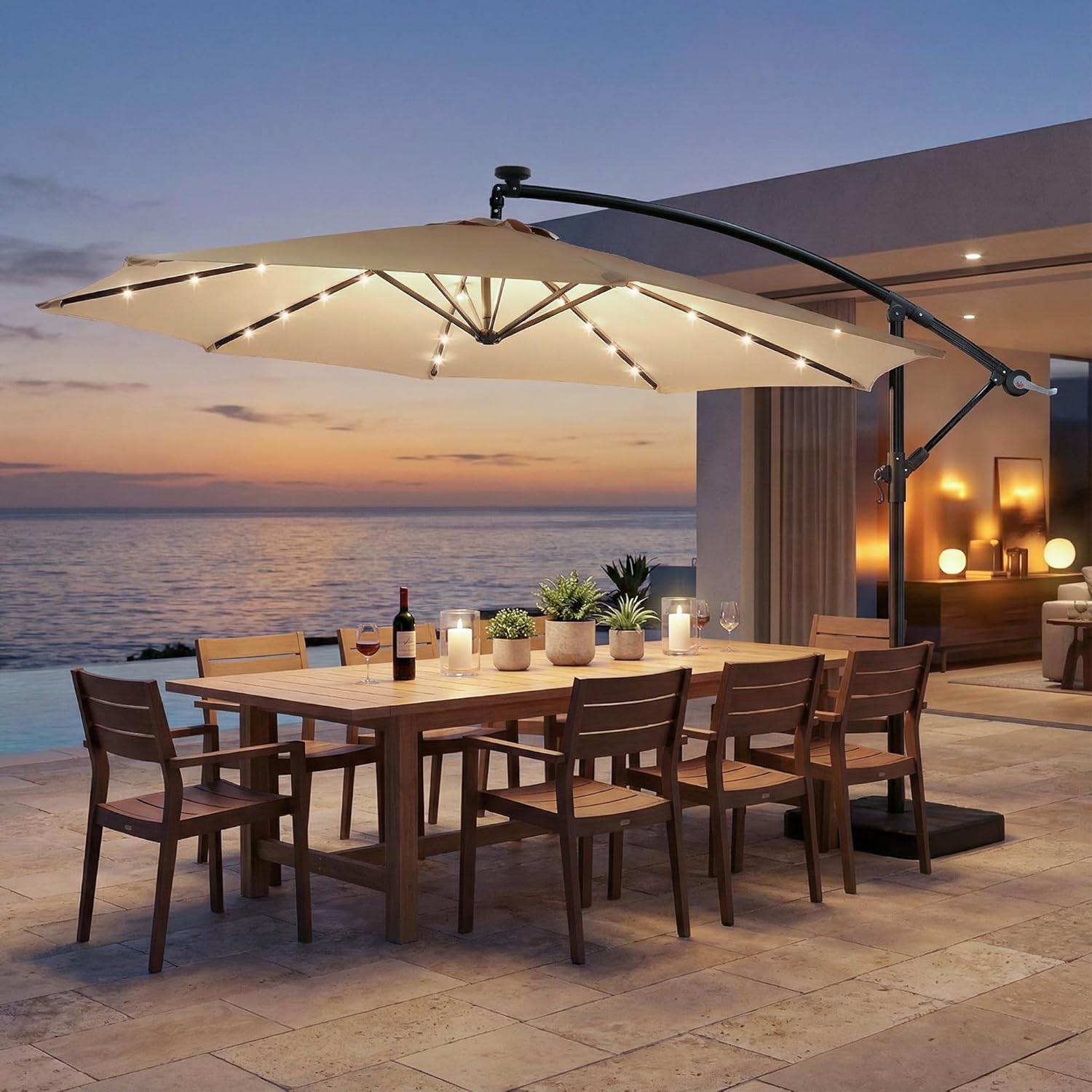 OLILAWN 10ft Solar LED Patio Umbrella with Base, 32 LED Lighted Outdoor Offset Cantilever Umbrella with Sturdy 8 Rids, Infinite Tilt, 360 Degree Rotation, for Pool Deck Porch Backyard Garden, Isabelline