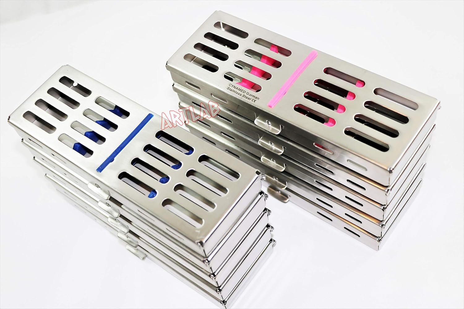 HIGH Grade German Stainless Sterilization Cassette for 5 Instruments Dental with Removable Silicone Pink & Blue CYNAMED