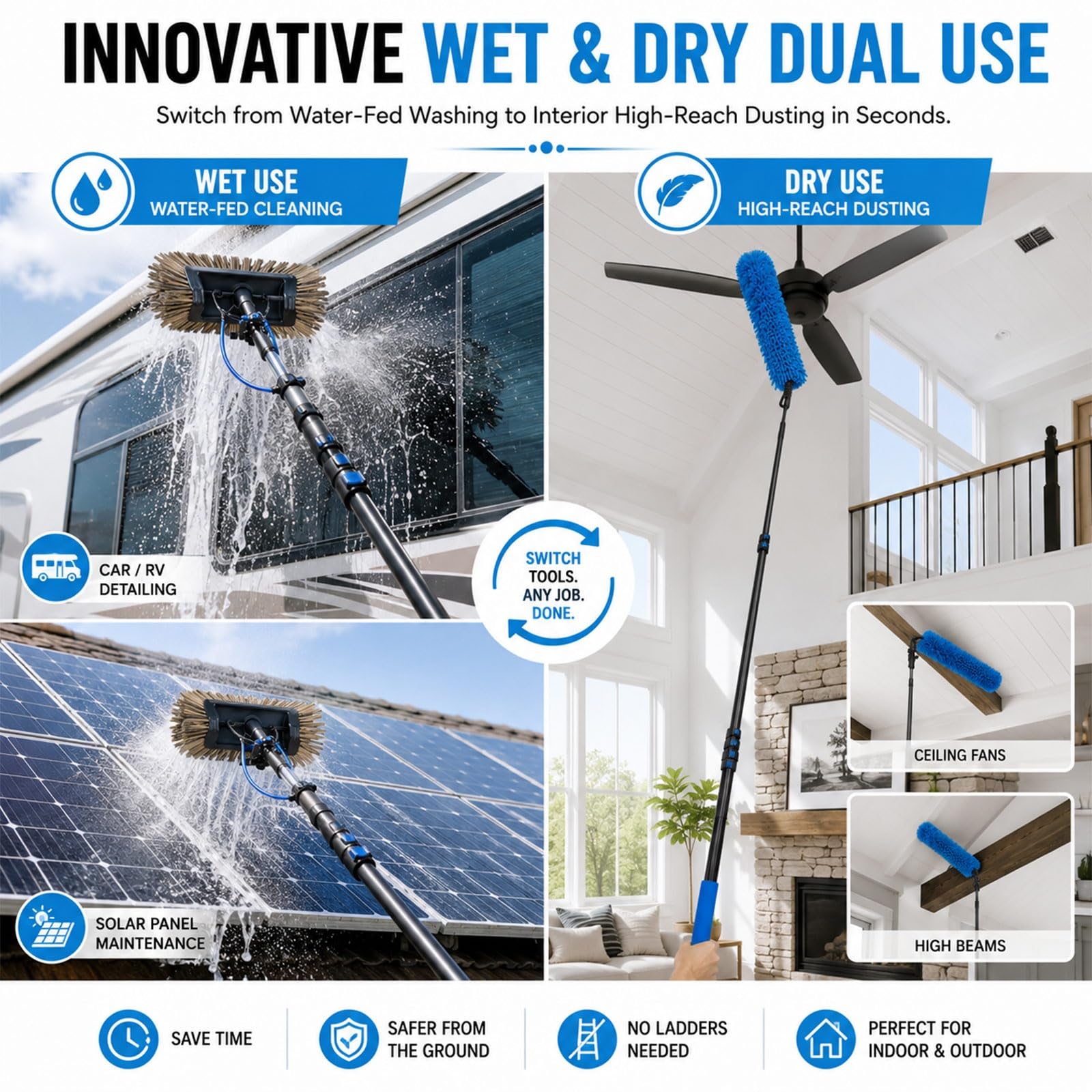 Kit Pulizia Pannelli Solari, Asta Telescopica Lavavetri Acqua Pura, Spazzola Multifunzione Estensibile e Spolverino Flessibile per Tetto, Facciata Casa, Lavaggio Camion, Caravan(3.6M(12FT))