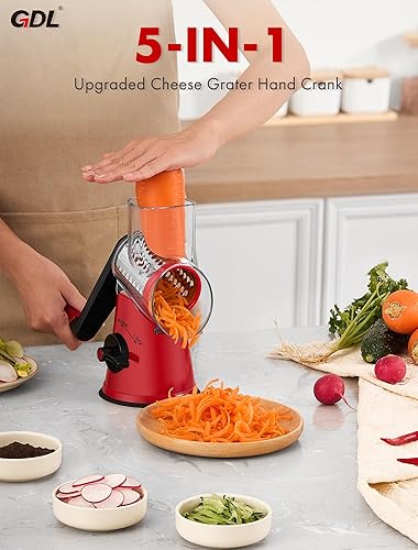 Miniatura 9 de GDL Rallador de queso rotativo, rallador de queso 5 en 1 mejorado con manivela, trituradora de queso multiusos con asa, cortador de verduras para