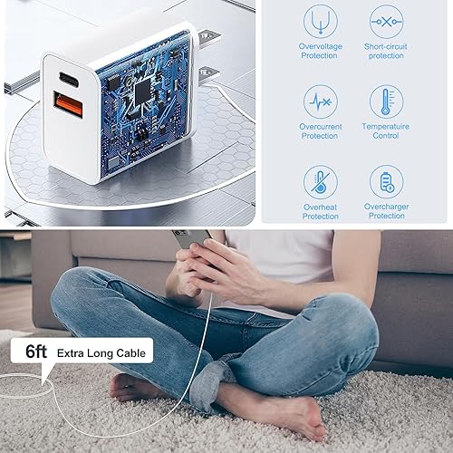 Miniatura 3 de Cargador rápido para iPhone, certificado MFi 2 paquetes de 20 W de doble puerto PDQC3.0 USB C cargador de pared con cable USB C a Lightning de 6