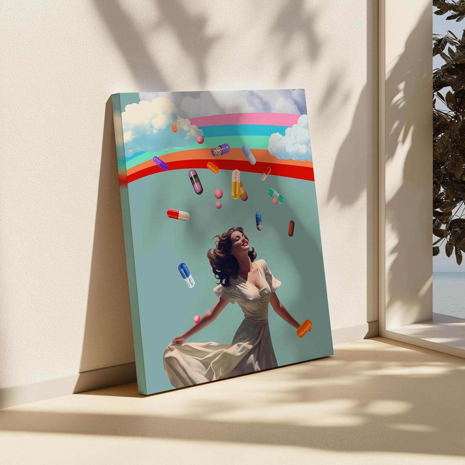 Poster Master Rainbow Canvas - Retro Woman Print - Surreal & Trippy Art - Funky Collage Design - Chic Boho Art - Great Girl's Bedroom or Living Room Wall Decor - 8x10 STRETCHED Canvas