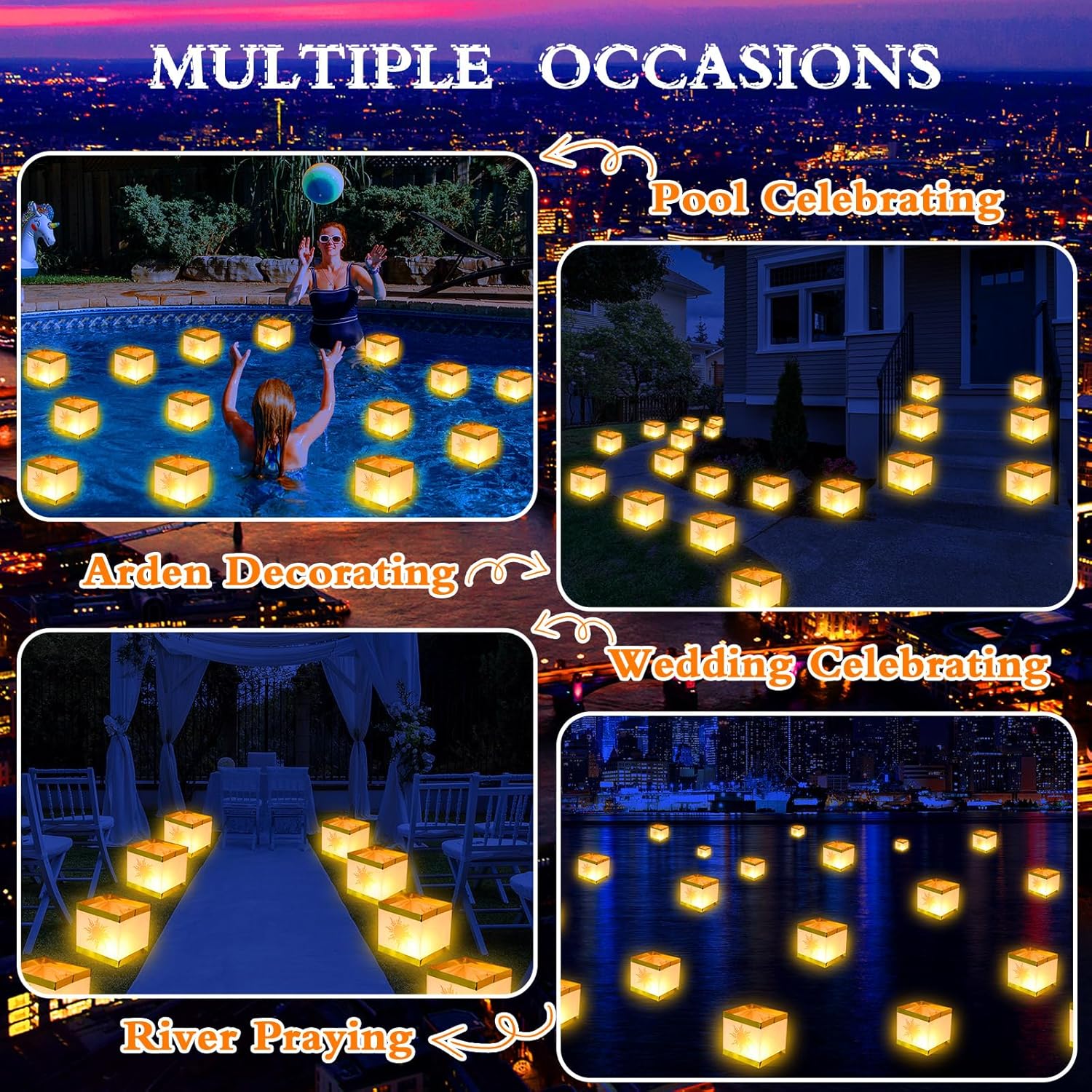 Cunno 144 Pcs Square Memorial Lanterns Set Paper Tangled Lanterns Sun Pattern Chinese Wishing Lights with Tea Candles and Adhesive Pads for Praying Pool Blessing Wedding