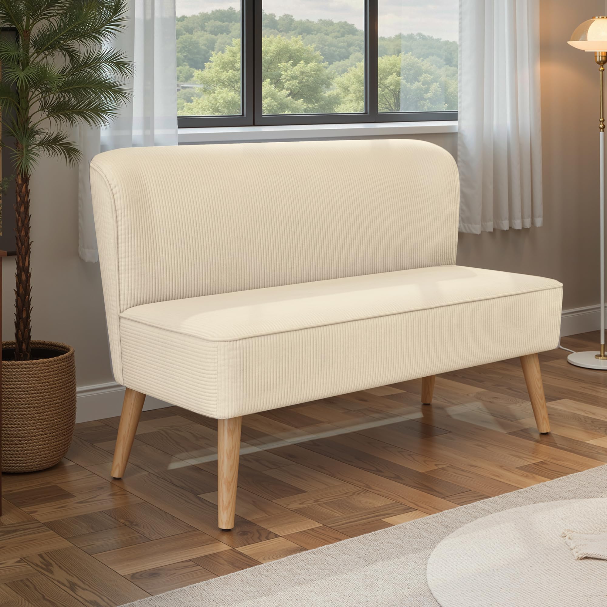 Divano a 2 posti, piccolo loveseat con rivestimento effetto velluto a coste, divano compatto salvaspazio per camera da letto, soggiorno, appartamento, 117x56x76cm,Bianco