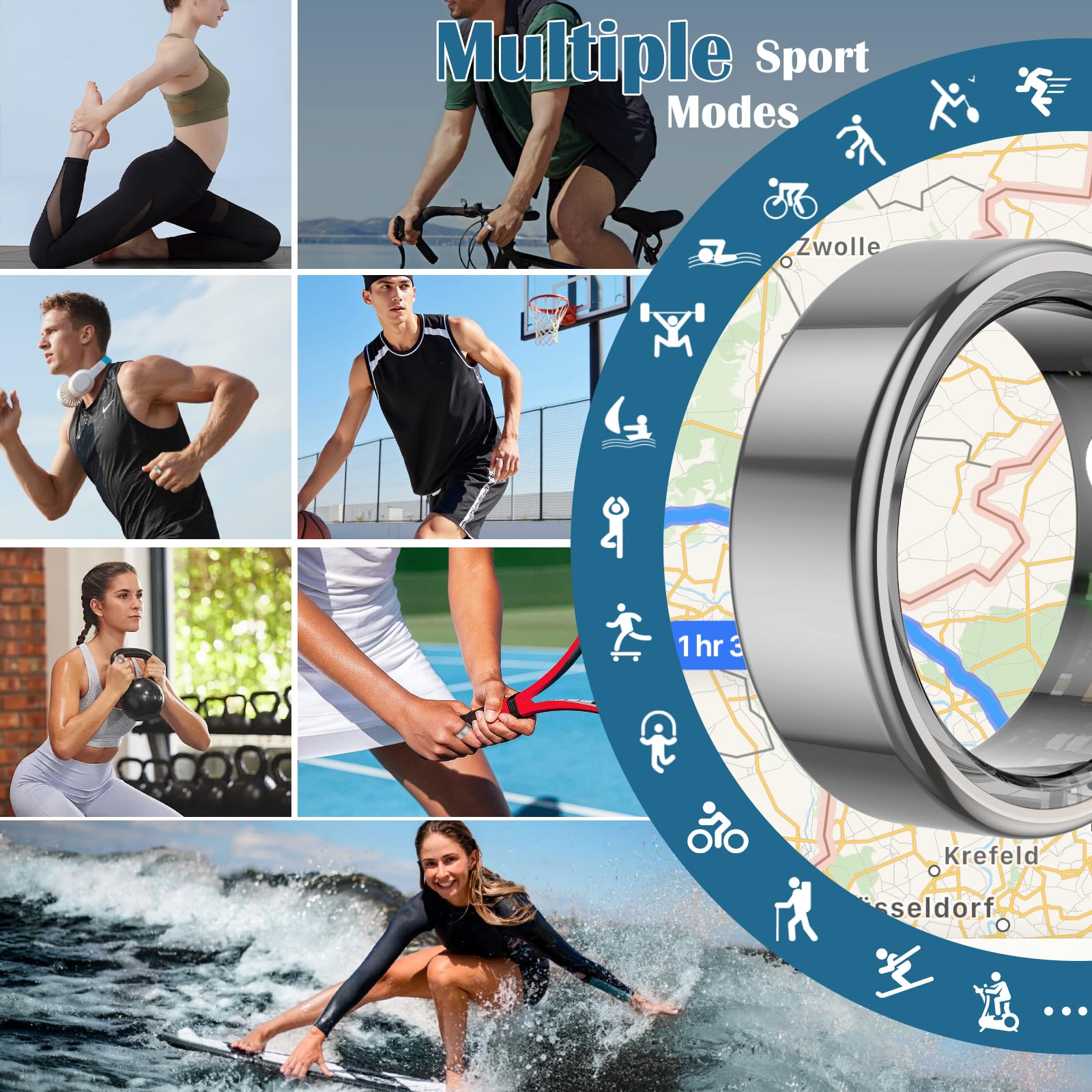 Anello intelligente per la salute per donne e uomini, fitness tracker con frequenza cardiaca, monitoraggio del sonno, ossigeno nel sangue, passi, impermeabilità IP68, durata della batteria fino