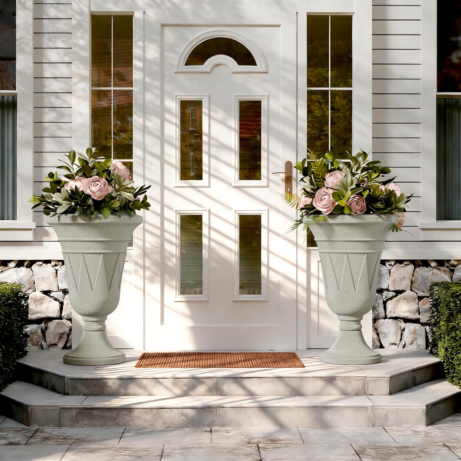 Tall Urn Planters for Outdoor Plants Set of 2-23.6" H Vintage Trophy Design Outdoor Planters for Porch Decor with Drainage Hole, Indoor Large Flower Pots, Pedestal Planter/Garden Vase, Beige