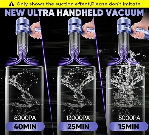 Miniatura 5 de Aspiradora inalámbrica de mano para automóvil, mini limpiador de 15000 PA, motor 3 en 1 sin escobillas de alta potencia, aspiradoras de súper