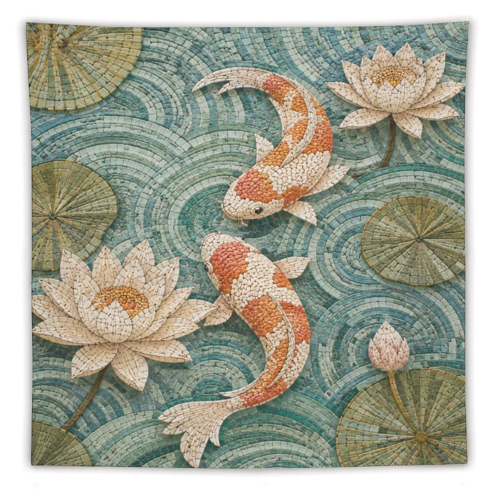 H3B8U2Y5 Koi Fish and Lotus Wall Tapestry, Ukiyo-e Style, Apartment