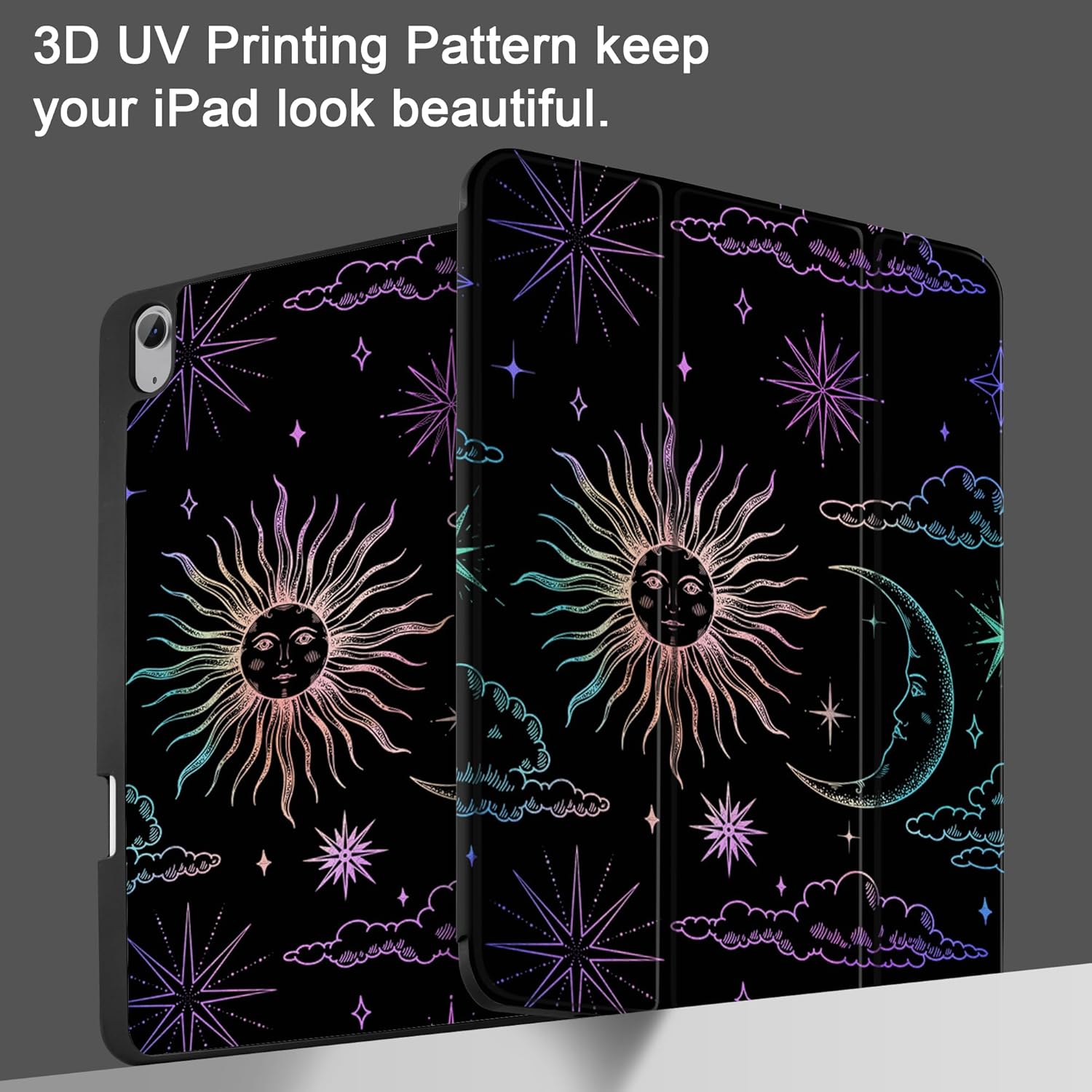 DONGKE for iPad Air 13 Inch Case M3 2025, M2 2024 - [Built-in Pencil Holder] Slim Trifold Stand Shockproof Protective Cover with Soft TPU Back Support Auto Sleep/Wake - Sun & Moon - Image 8