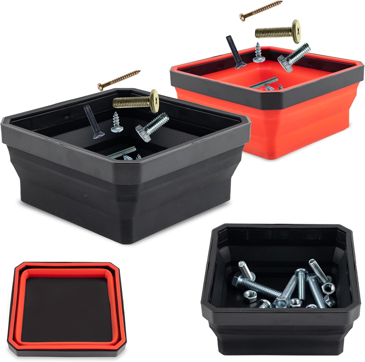 EHOMEA2Z Collapsible Magnetic Parts Tray Set, 4.5” Square Silicone Foldable Bowls With Magnetic Base, Ideal For Screws, Bolts, Nuts, Washers, Pins, And Small Metal Parts (Red/Black,2Pc)