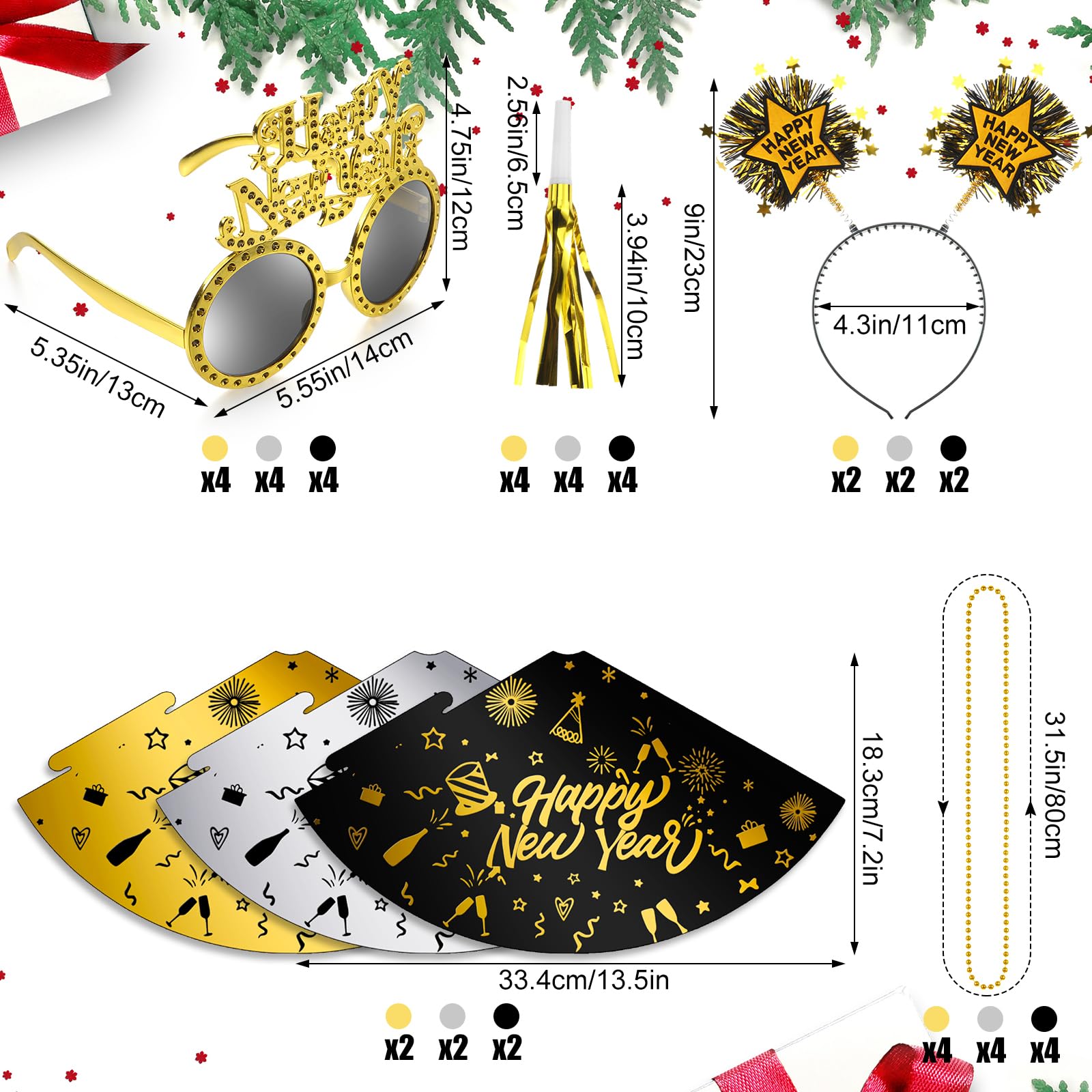 Suministros de fiesta de Año Nuevo 2025, suministros de fiesta de Año Nuevo, diadema, sombrero de papel, gafas, collar de cuentas, fabricante de ruido