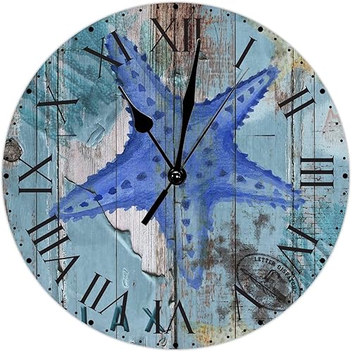 Miniatura 32 de ArogGeld Reloj de pared de PVC de mediados de siglo, concha, números de playa, estilo océano con números romanos de 10 pulgadas, funciona