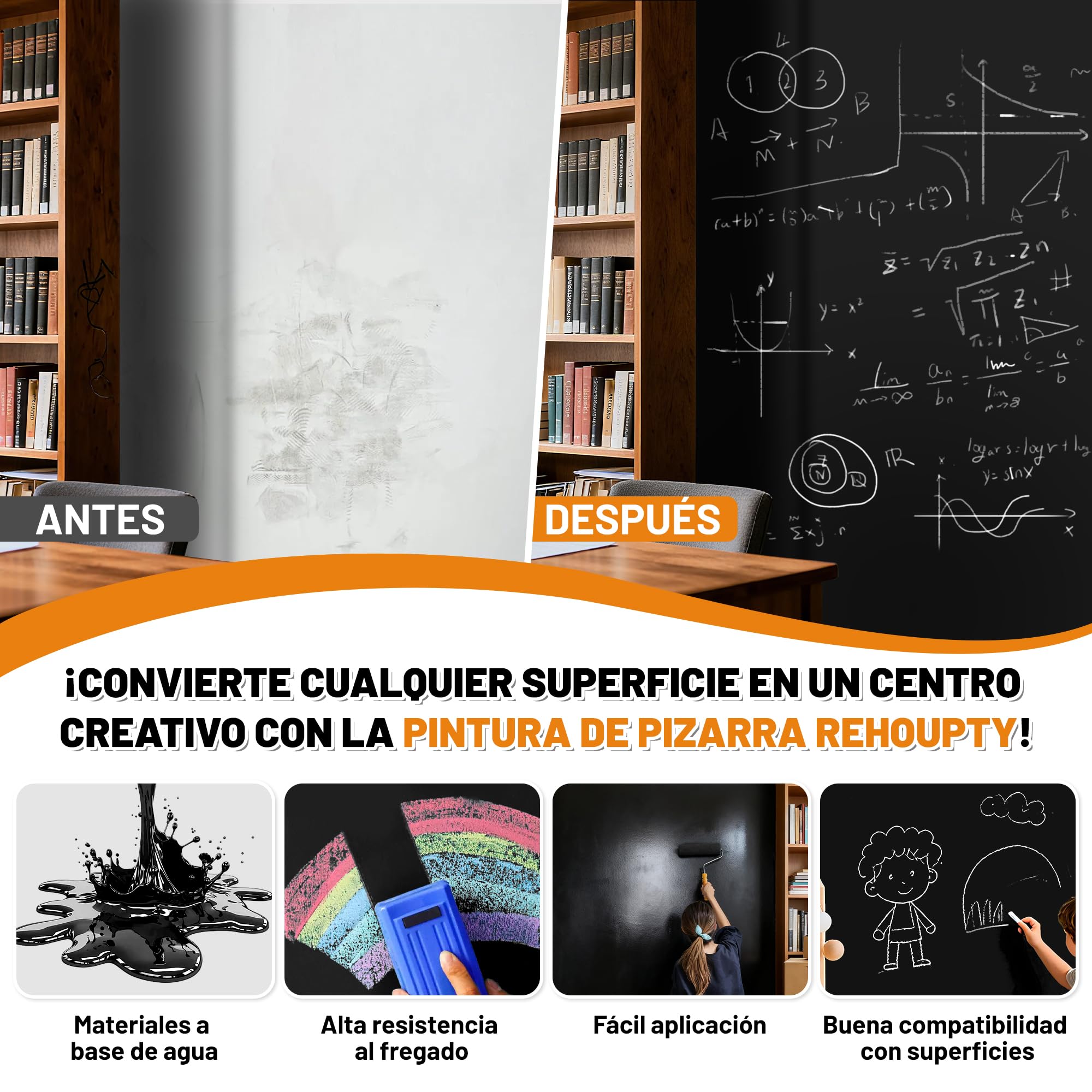 Pintura Pizarra Negra - Pintura Para Pizarrón Negro Mate, 1L Aplicación Fácil Y De Brocha Revestimiento Acrílico, Terminado De Pizarrón Para Madera, Metal, Muebles, Paredes Y Manualidades Cubre 6-8m²