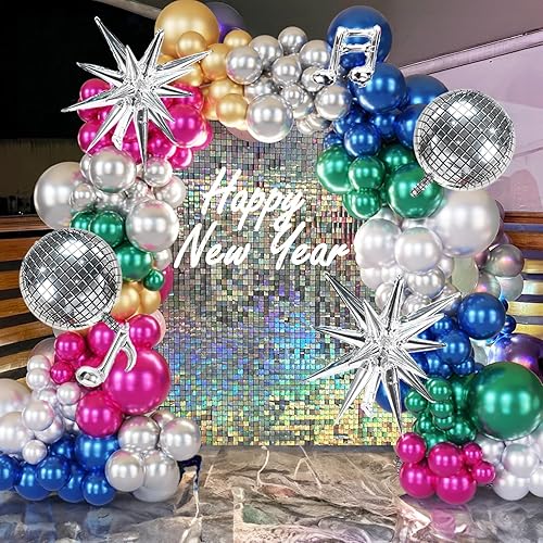 Miniatura 9 de ECEAE Kit de guirnalda de globos metálicos de bola de discoteca, colorido de los años 80 y 90, decoración cromada, 131 piezas en plata, verde, azul,