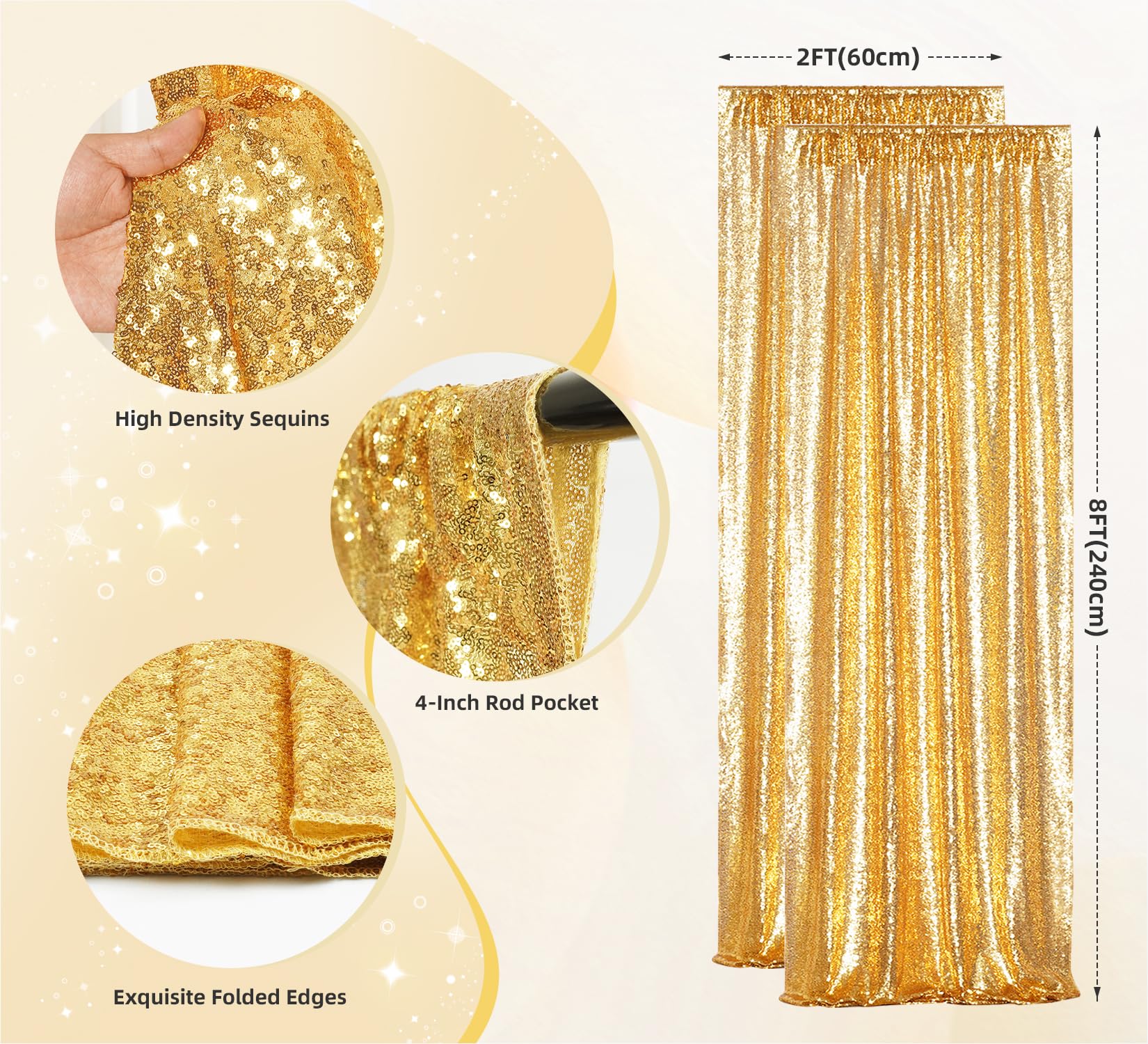 Juya Delight - Tenda per sfondo fotografico con paillettes, 0,6 x 2,4 m, 2 pezzi, colore: Oro