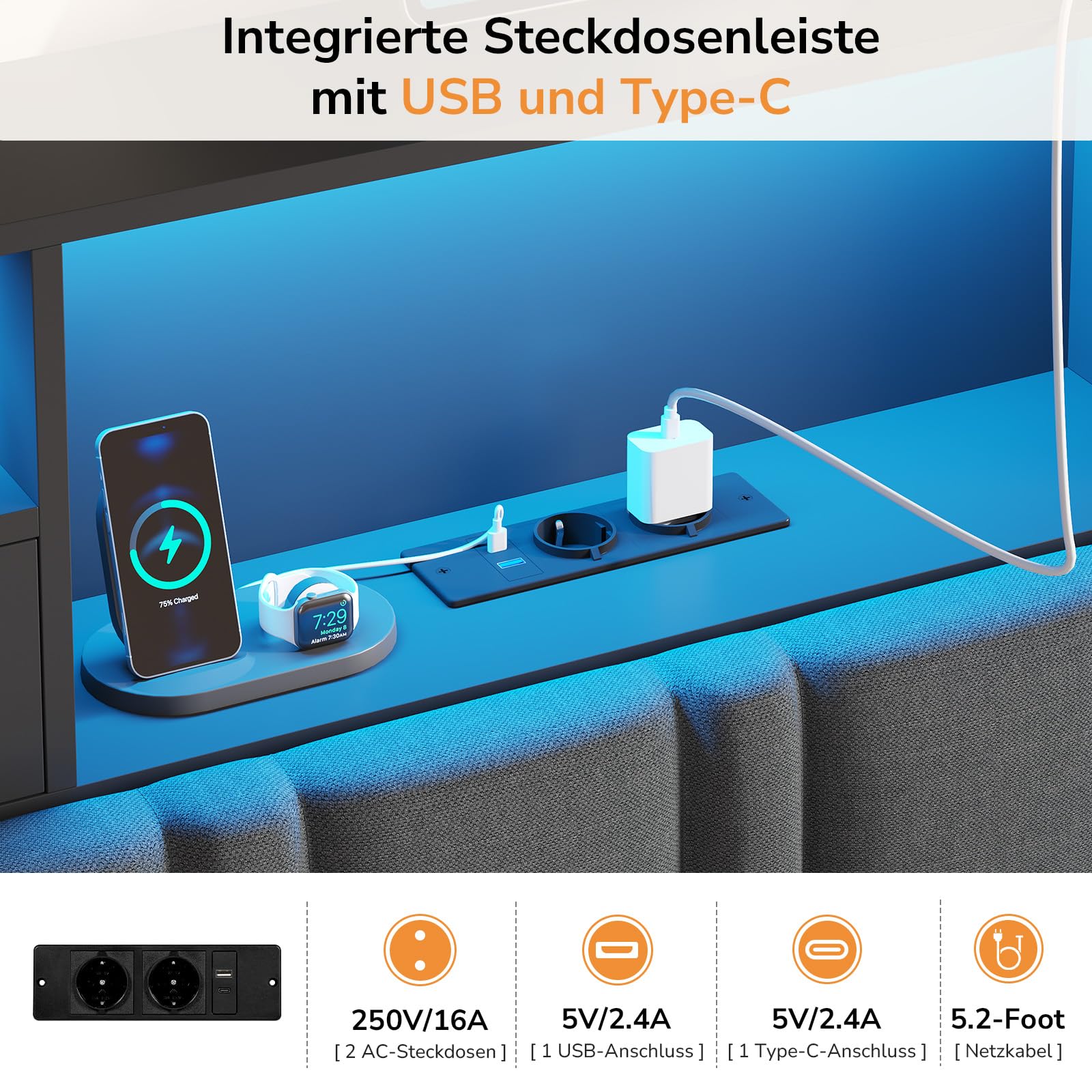 DICTAC Bett 160x200 Grau mit LED und USB-C – Polsterbett mit Bettkasten, Hydraulik, Stauraum 30cm, inkl. Lattenrost, gepolstertes Kopfteil mit Ladestation, Doppelbett für Erwachsene