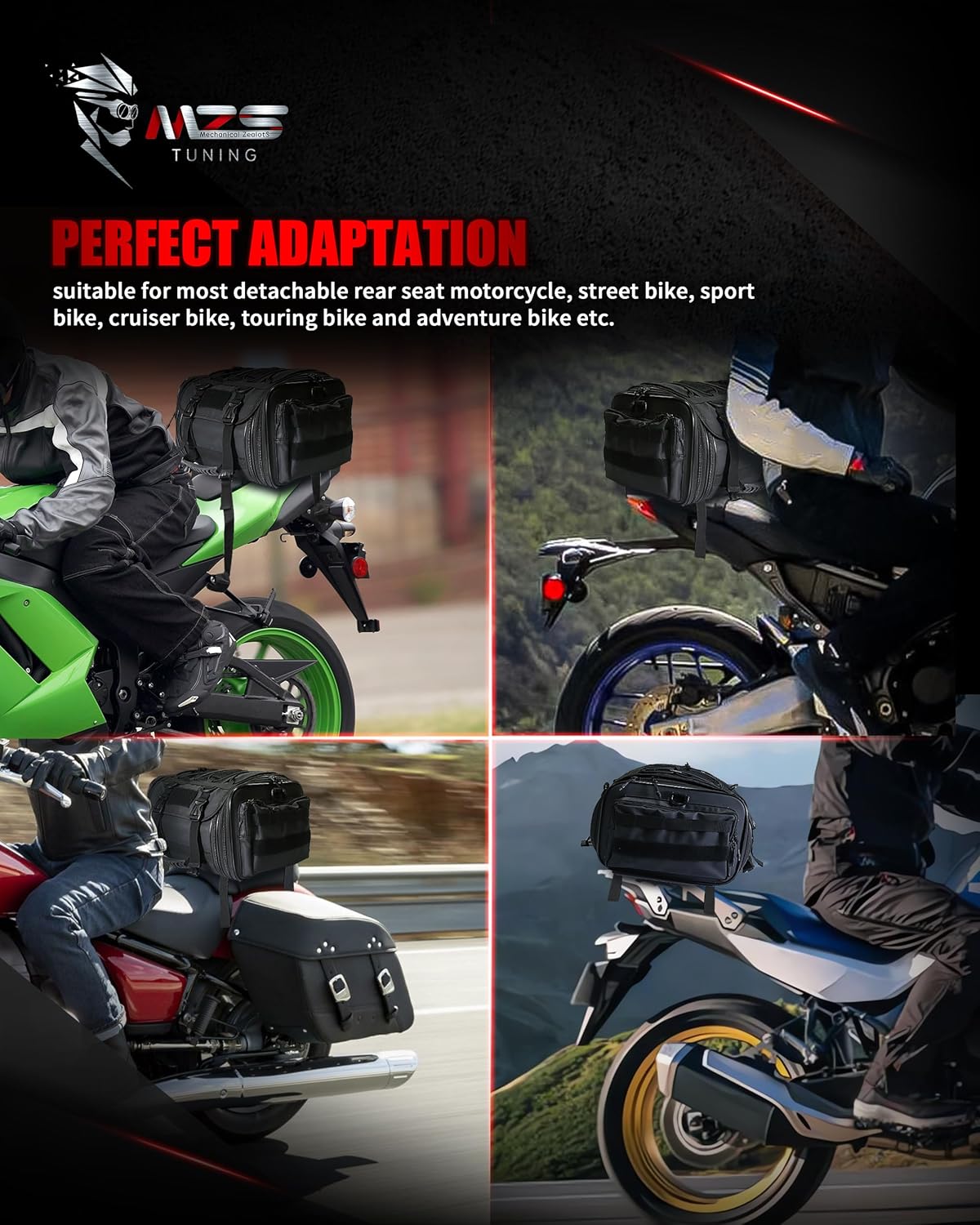 MZS Motorcycle Travel Luggage Bag, 27L Expandable Motorcycle Tail Bag Rack Trunk Saddle Storage, Motorbike Rear Seat Bag With Shoulder Strap Waterproof Rain Cover - Image 7