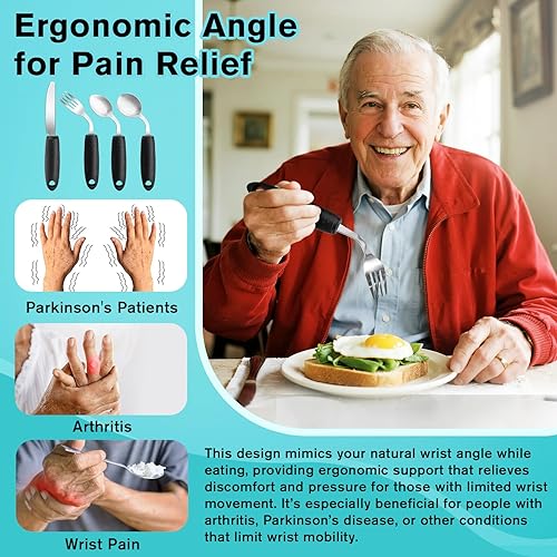 Miniatura 7 de 4 utensilios adaptativos con peso, utensilios de Parkinson en ángulo de 45 para ancianos, utensilios con peso para temblores de manos, utensilios de