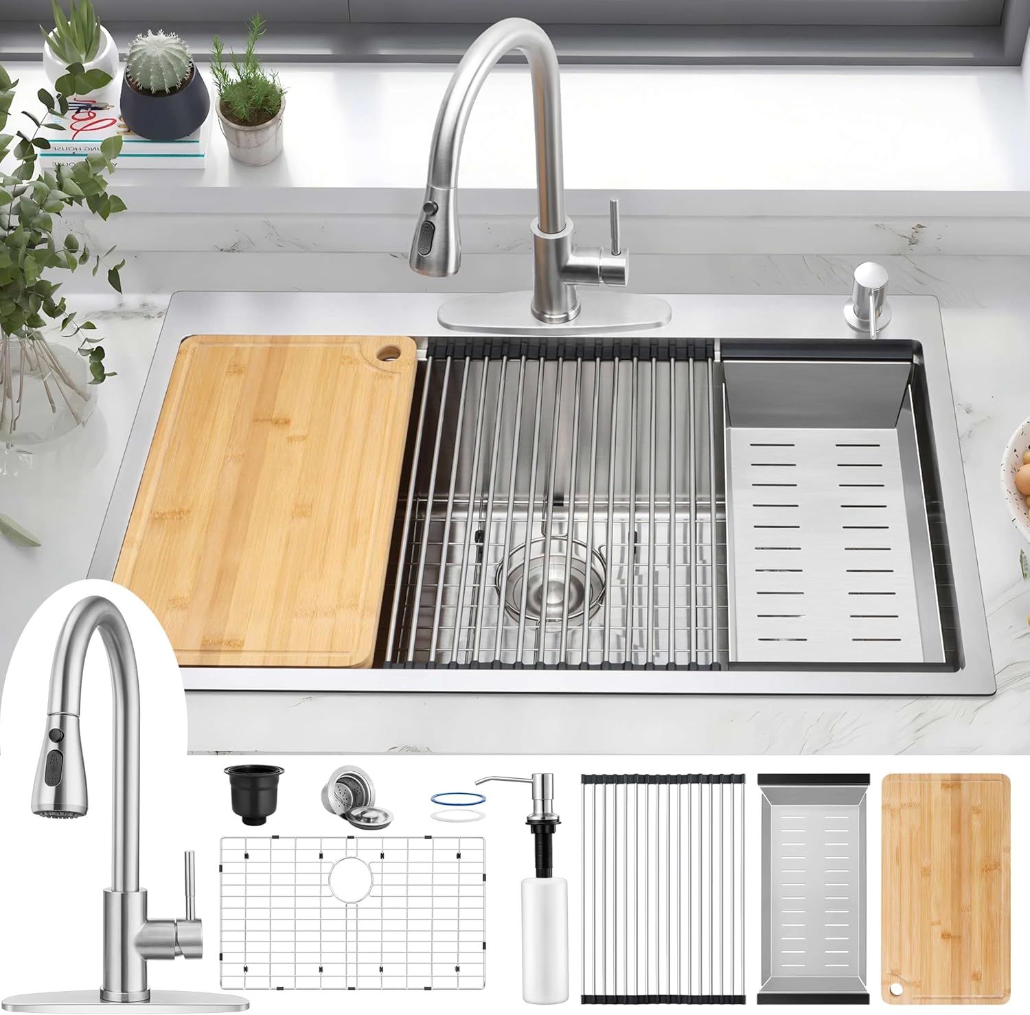 Herogo 33x22Inch Drop In Kitchen Sink with Faucet, 18/10 Stainless Steel Topmount Handmade 10'' Deep Single Bowl Kitchen Workstaion Sink with 5 Accessories Drop In 33x22inch with Faucet Combo