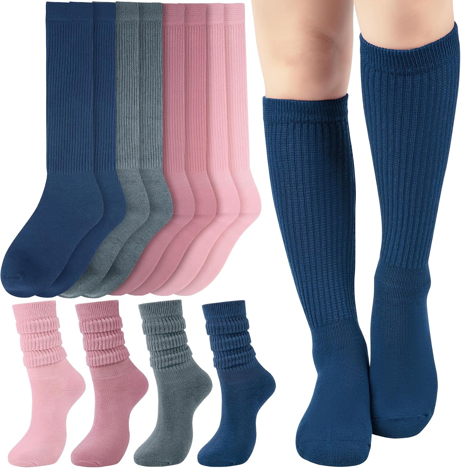 4 Pairs Slouchy Socks for Women, Soft Knee High Boot Socks | Premium Gentle Touch Breathable Blend, Elastic Stretch Cuff, Relaxed Scrunch Drape Casual Style, Daily Home Outing Wear