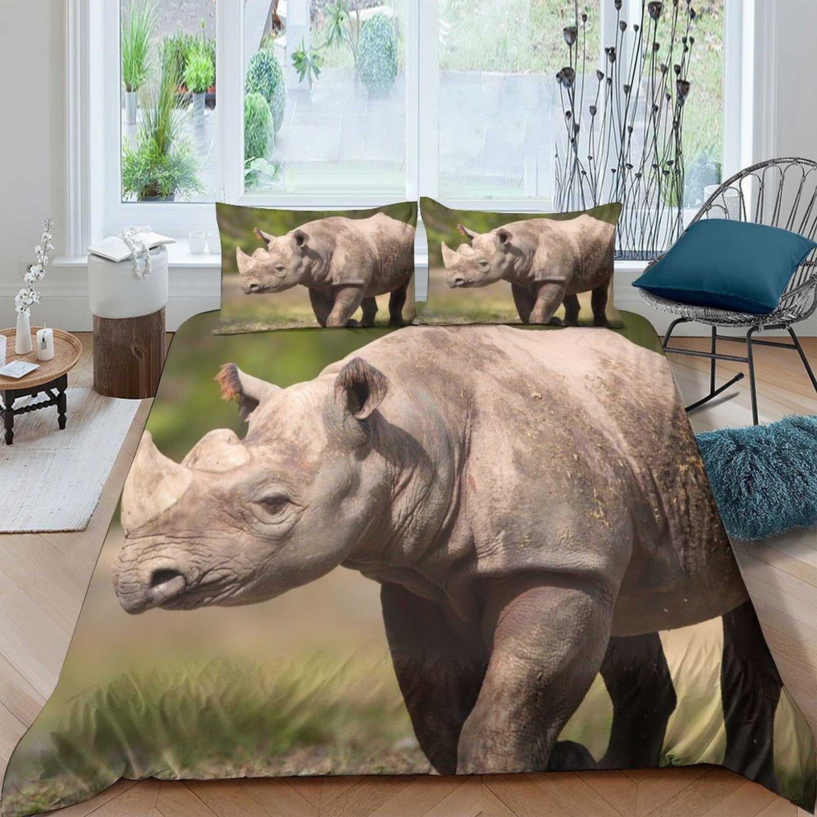 GPLZQXKJNH 3D Printed Rhino Wildlife Duvet Cover Set Microfiber Soft Breathable Animal Nature Bedding with 2 Pillowcases for Bedroom Home Decor Single（135x200cm）