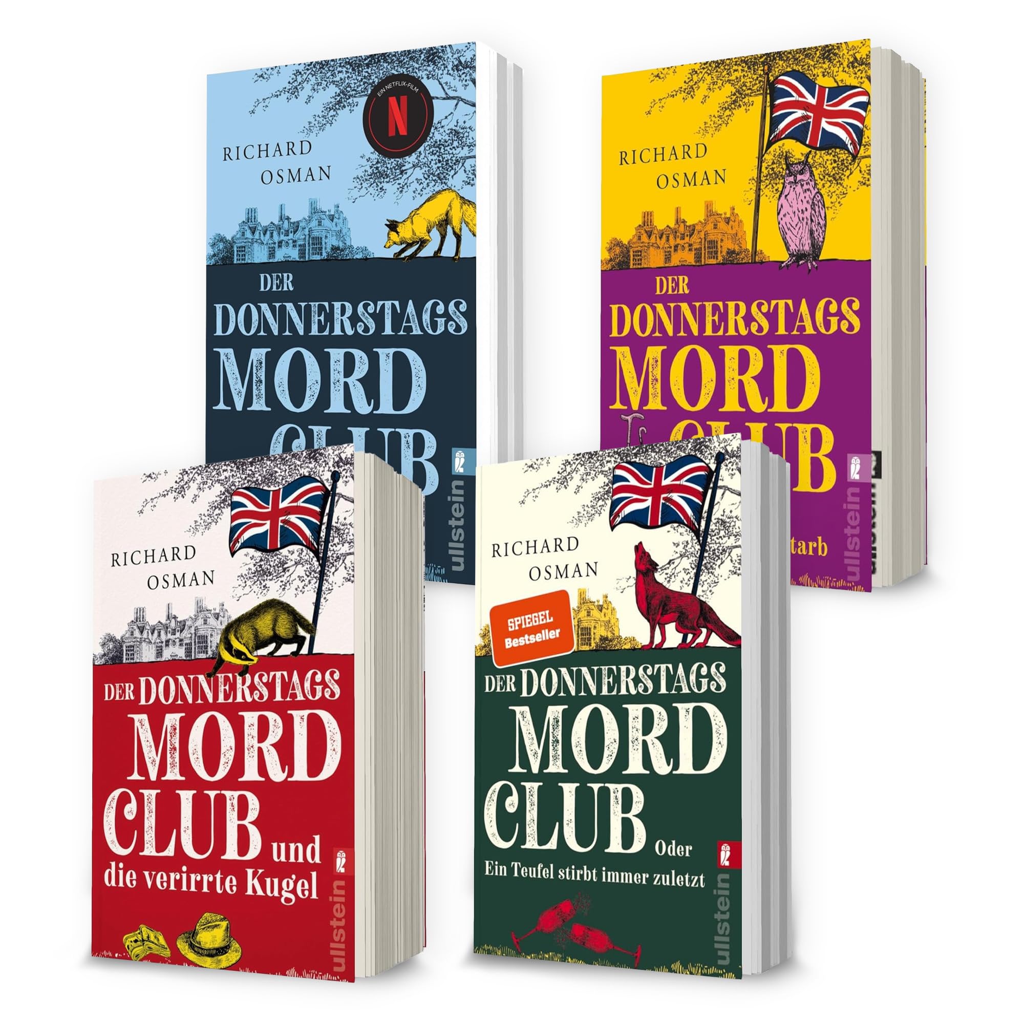 Donnerstagsmordclub Bücher Set Band 1-4 von Richard Osman - Krimi Bestseller Cozy Crime inkl. Lesezeichen - Der Donnerstagsmordclub, Der Mann der zweimal starb, Verirrte Kugel, Teufel stirbt zuletzt