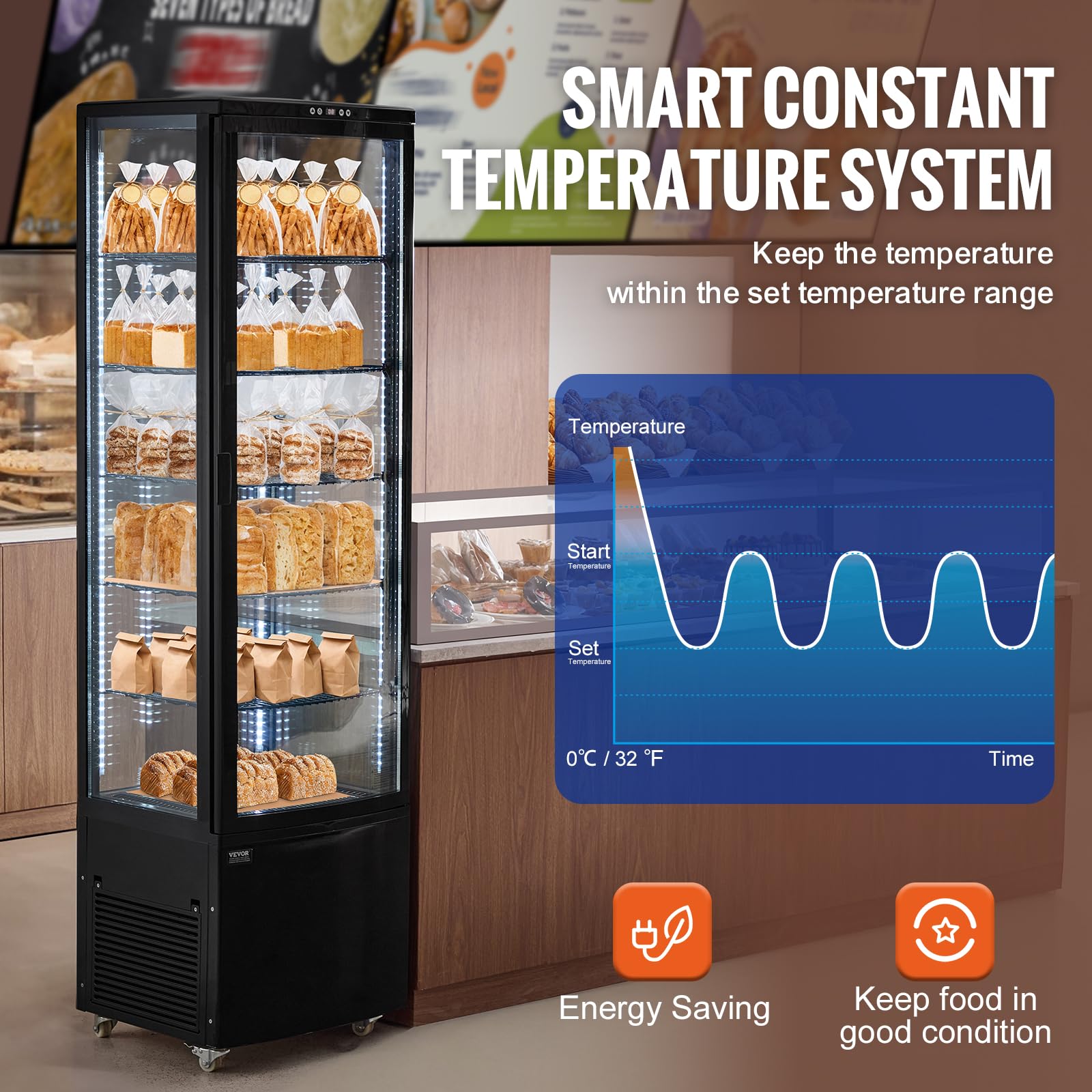 VEVOR Vitrina Refrigerada Comercial 278 L Vitrina de Pastelería de 5 Niveles Refrigerador con Iluminación LED Enfriamiento TURBO Enfriamiento por Aire Sin Escarcha, para Pasteles de Panadería