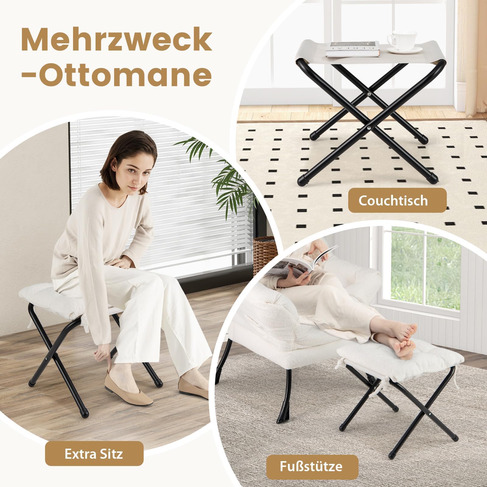 FANTASK Fotel z taboretem, fotel relaksacyjny z podłokietnikami, fotel relaksacyjny, kieszeń boczna i podnóżek, fotel telewizyjny, tapicerowany fotel uszny do salonu, sypialni, biura (beżowy)