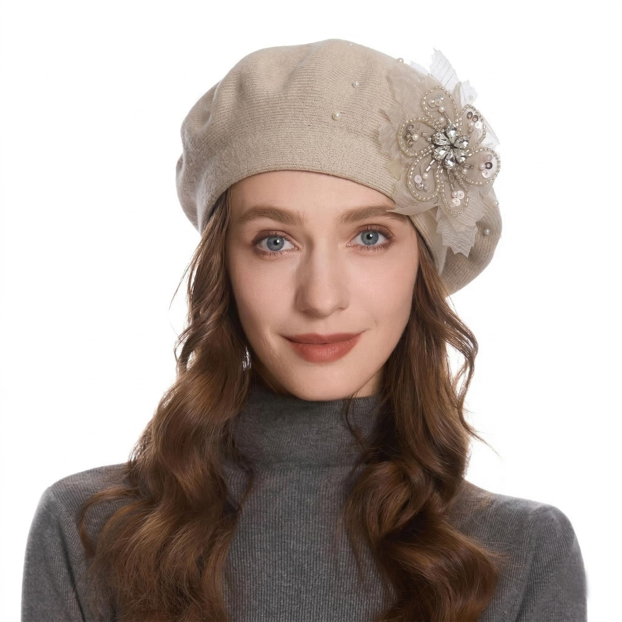 ZLYC Womens French Beret Hat Reversible Solid Color Cashmere Mosaic Warm Beret Cap(Lace Flower Beige),One Size