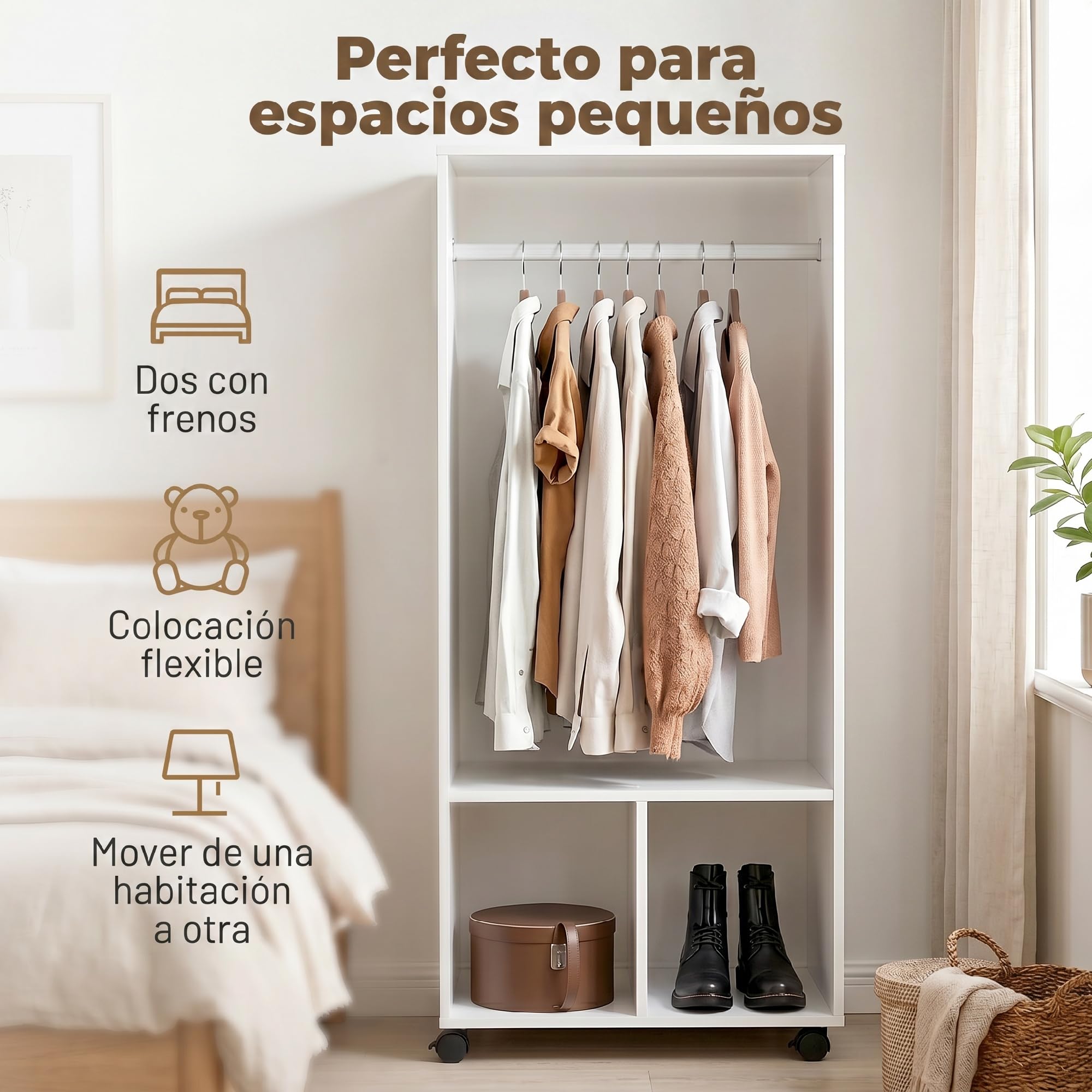 HOMCOM Armario Ropero con Ruedas Armario para Ropa con Barra Estantes Abiertos Organizador para Colgar Ropa de Dormitorio 60x40x128 cm Blanco