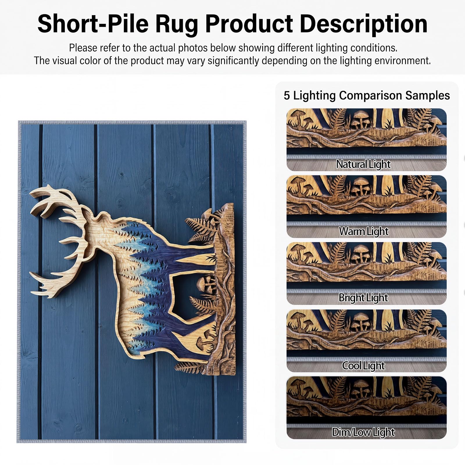 Tapis Lavable en Machine 120 x 180 cm Bois Cerf Silhouette Forêt Tapis Antidérapant en Flanelle Idéal pour Enfants et Animaux – Moquette de Chambre Doux, Poils Courts, Entretien Facile, Bleu Marine
