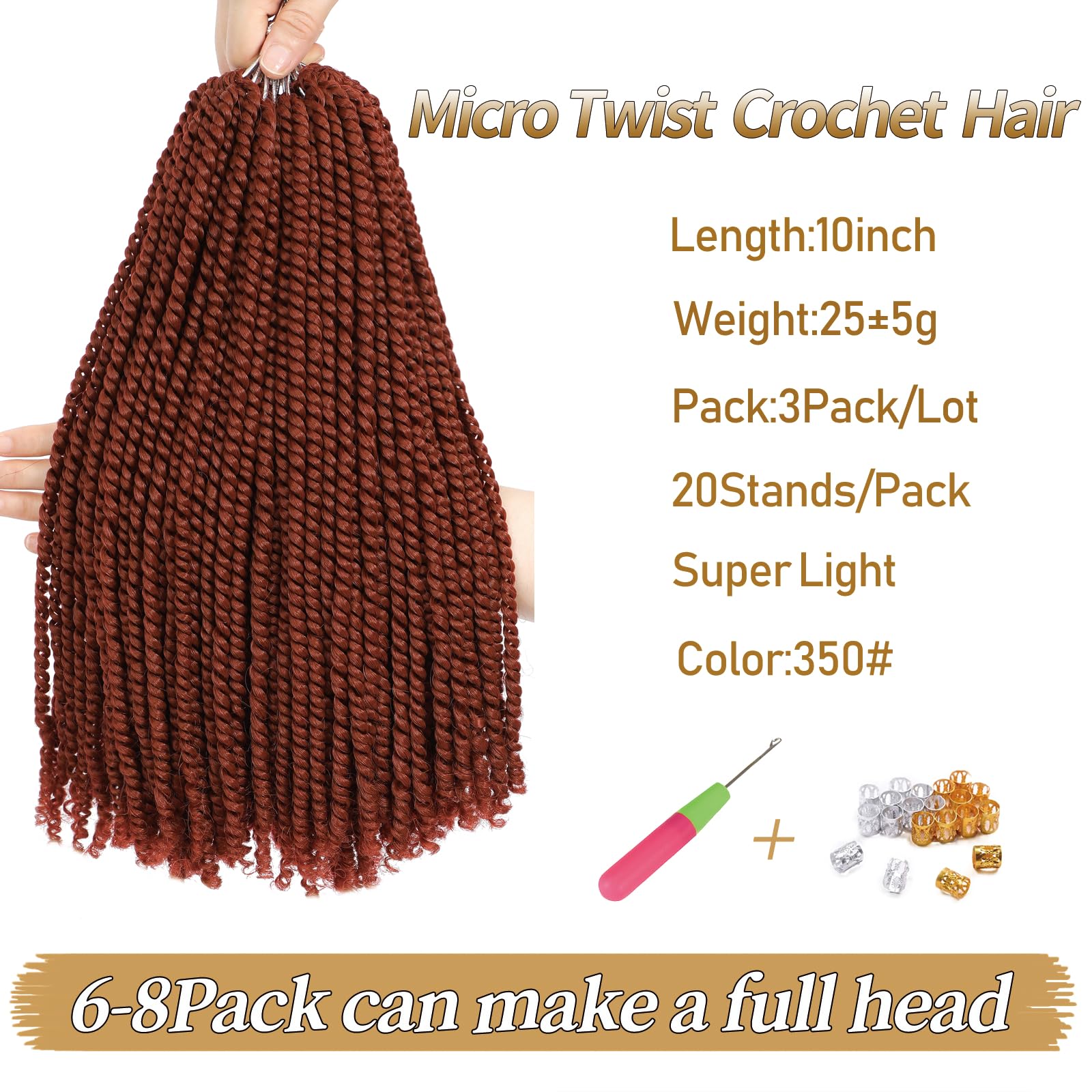 FLWAI Micro Twist Crochet Hair - 10 Inch, 3 Packs, Copper Red Mini Havana Twist, Synthetic Crochet Hair Extensions (350#) - Image 2