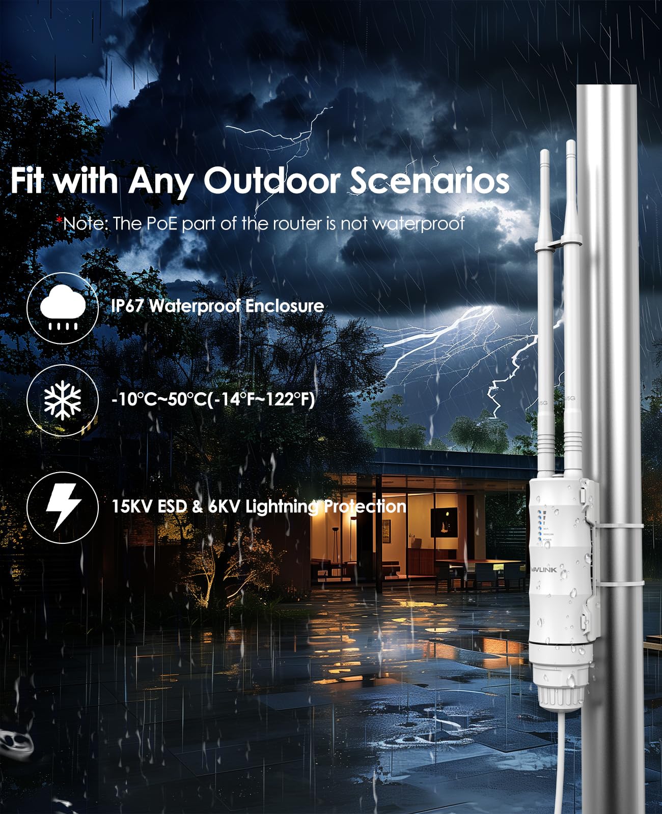 WAVLINK AC1200 Répéteur WiFi Extérieur Longue Portée PoE - Amplificateur Signal Double Bande 2.4G + 5G IP67 Étanché, Point d'Accès Outdoor avec Antennes Puissantes, Idéal Jardin Piscine Parking - 3