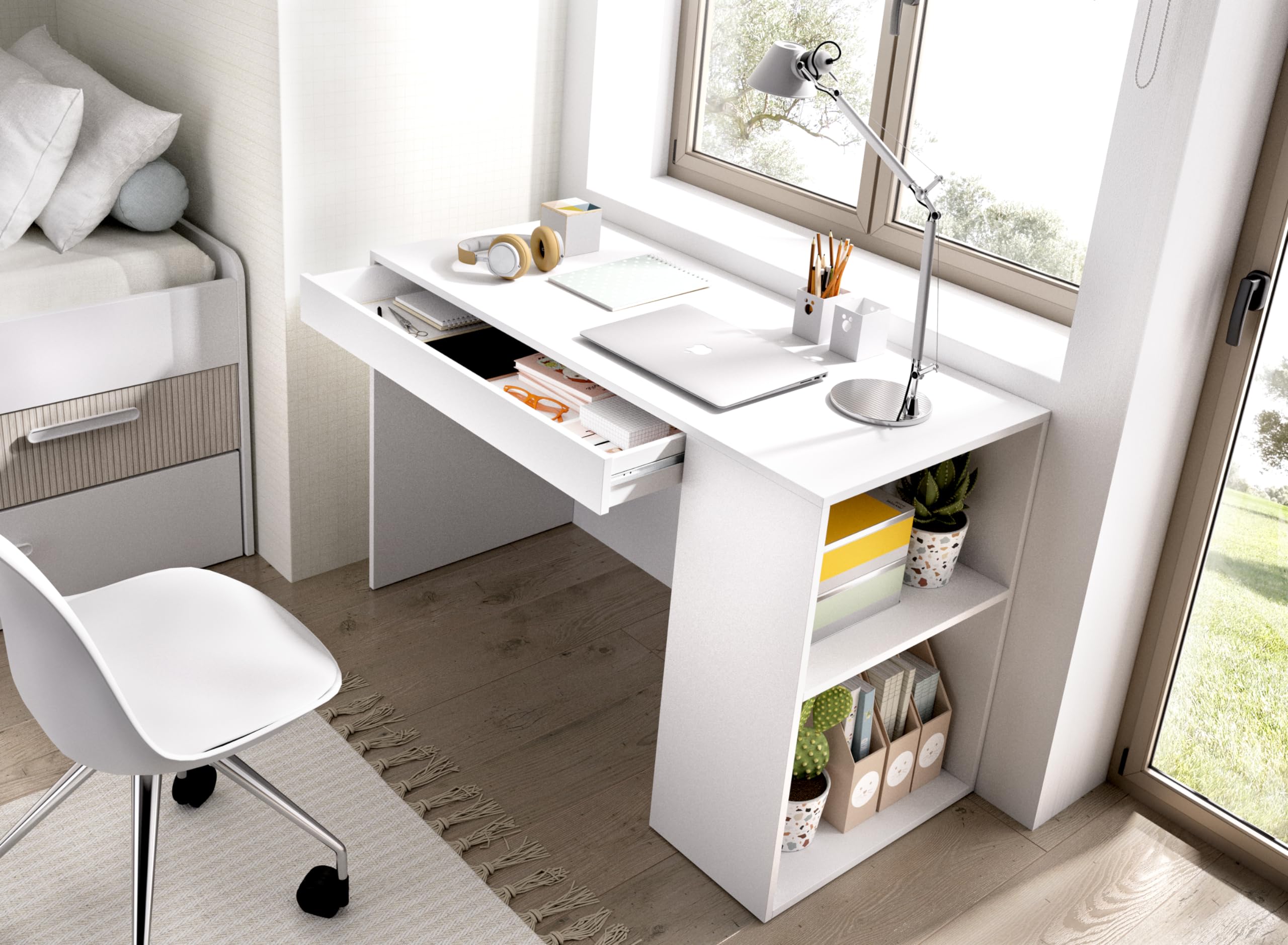 DEKIT GRUPO RIMOBEL TEO - Mesa escritorio con estante y cajón - BLANCO - 74 x 115 x 50