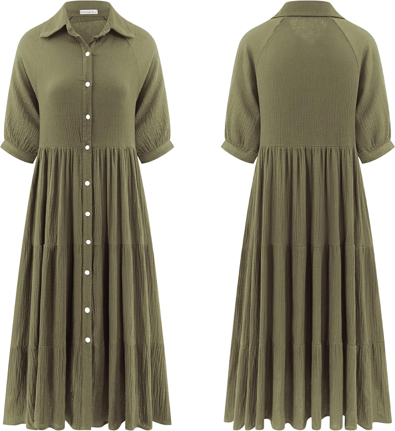 R.Vivimos Women's Summer Cotton Half Sleeves Button Down Casual Loose Slit Midi Dress with Pockets - Image 5