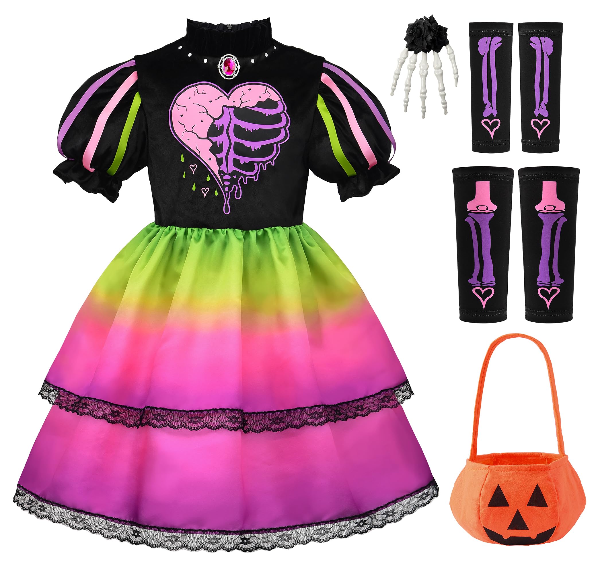 ReliBeauty Costume da Scheletro per Bambina con Vestito Arcobaleno e Accessori