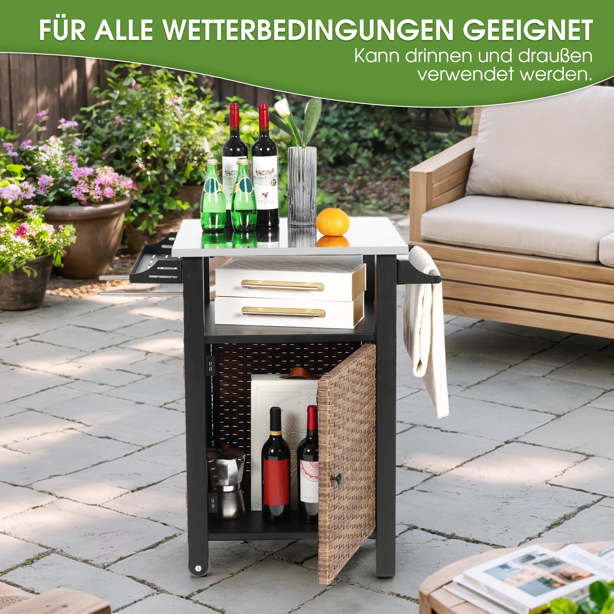 grillwagen aus Rattan, Grilltisch & Edelstahl Outdoor Servier-Bar-Tisch mit Haken und Rädern, für Poolseite, Terrasse, Wiese (Klein)